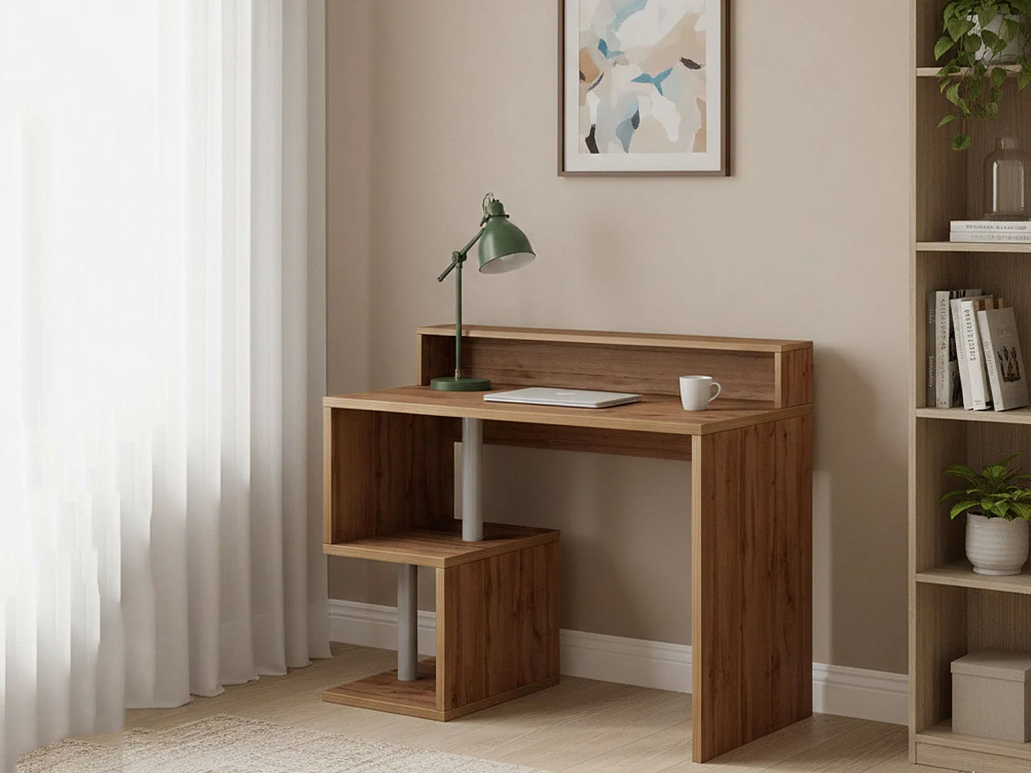 Dcalafior Bureau, Lineair Bureau met Opbergplanken en LED Verlichting, Multifunctioneel bureau met riser, 100x50h93 cm, Eiken