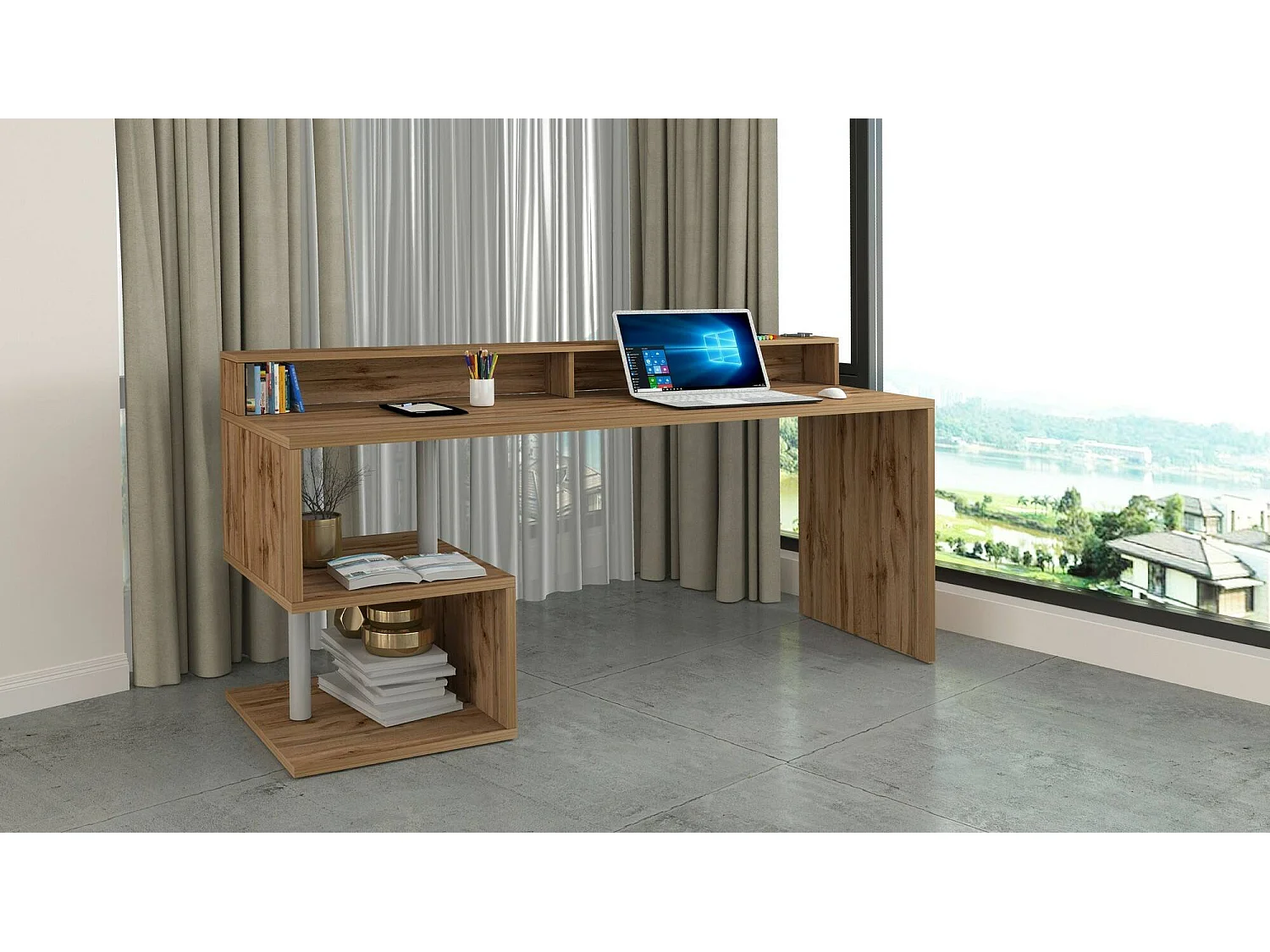Bureau Alban, Bureau linéaire avec étagères de rangement avec lampes LED, Bureau polyvalent avec plateau, 180x60h93 cm, Chêne