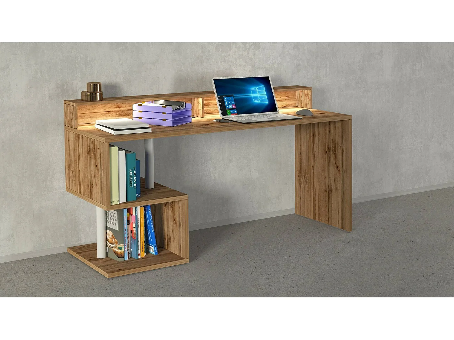 Bureau Alban, Bureau linéaire avec étagères de rangement avec lampes LED, Bureau polyvalent avec plateau, 180x60h93 cm, Chêne