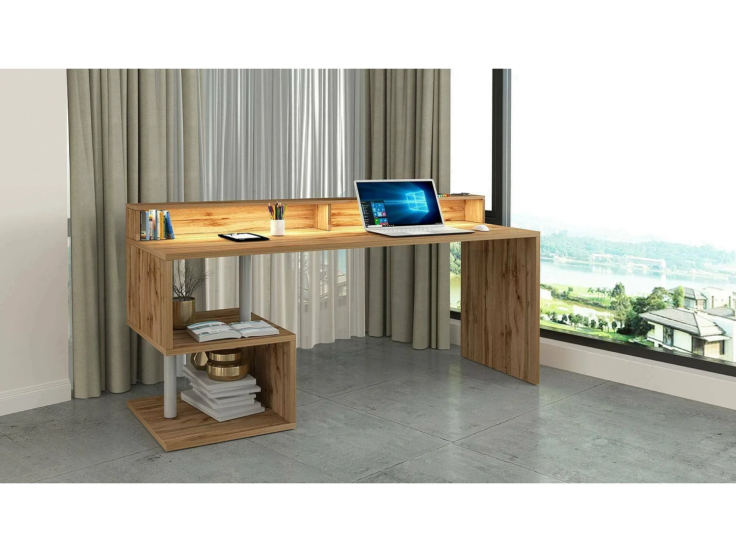 Bureau Alban, Bureau linéaire avec étagères de rangement avec lampes LED, Bureau polyvalent avec plateau, 180x60h93 cm, Chêne