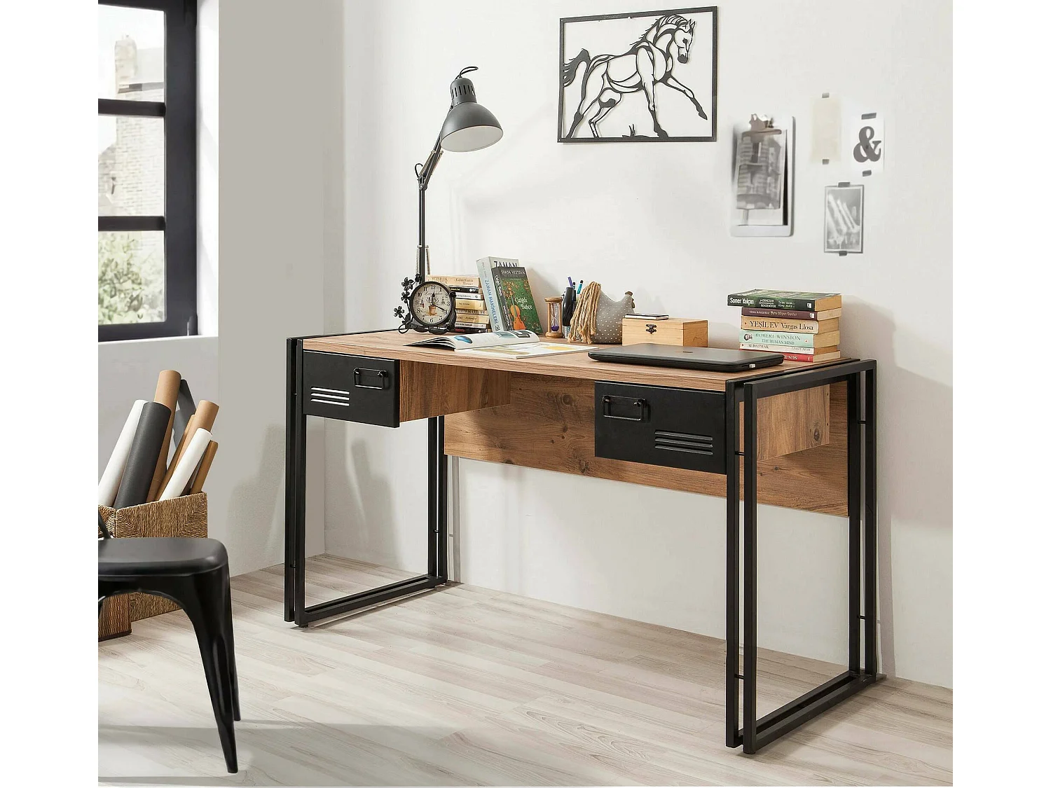 Bureau Alkes, Pupitre polyvalent, Table de bureau pour PC, Plan de travail, 139x60h75 cm, Chêne et Noir