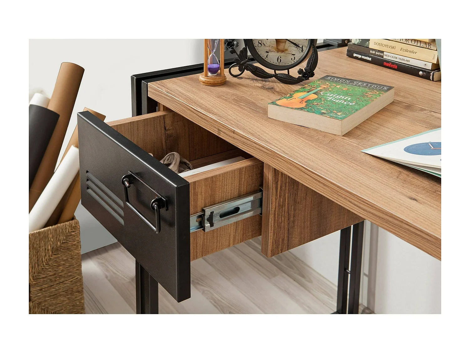 Dbonifaz Bureau, Multifunctioneel Bureau, PC Kantoortafel, Werkblad, 139x60h75 cm, Eiken en Zwart