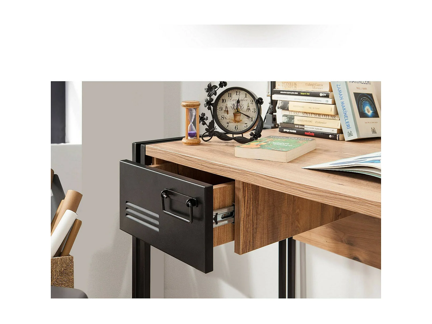 Dbonifaz Bureau, Multifunctioneel Bureau, PC Kantoortafel, Werkblad, 139x60h75 cm, Eiken en Zwart