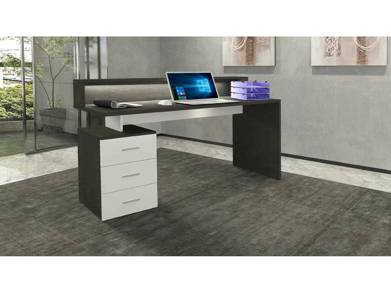 Dchiriche Bureau, Bureau met soprBureau, Multifunctioneel Bureau, Multi-Position Space-Saver Bureau, 160x60h90 cm, Wit en Leisteen