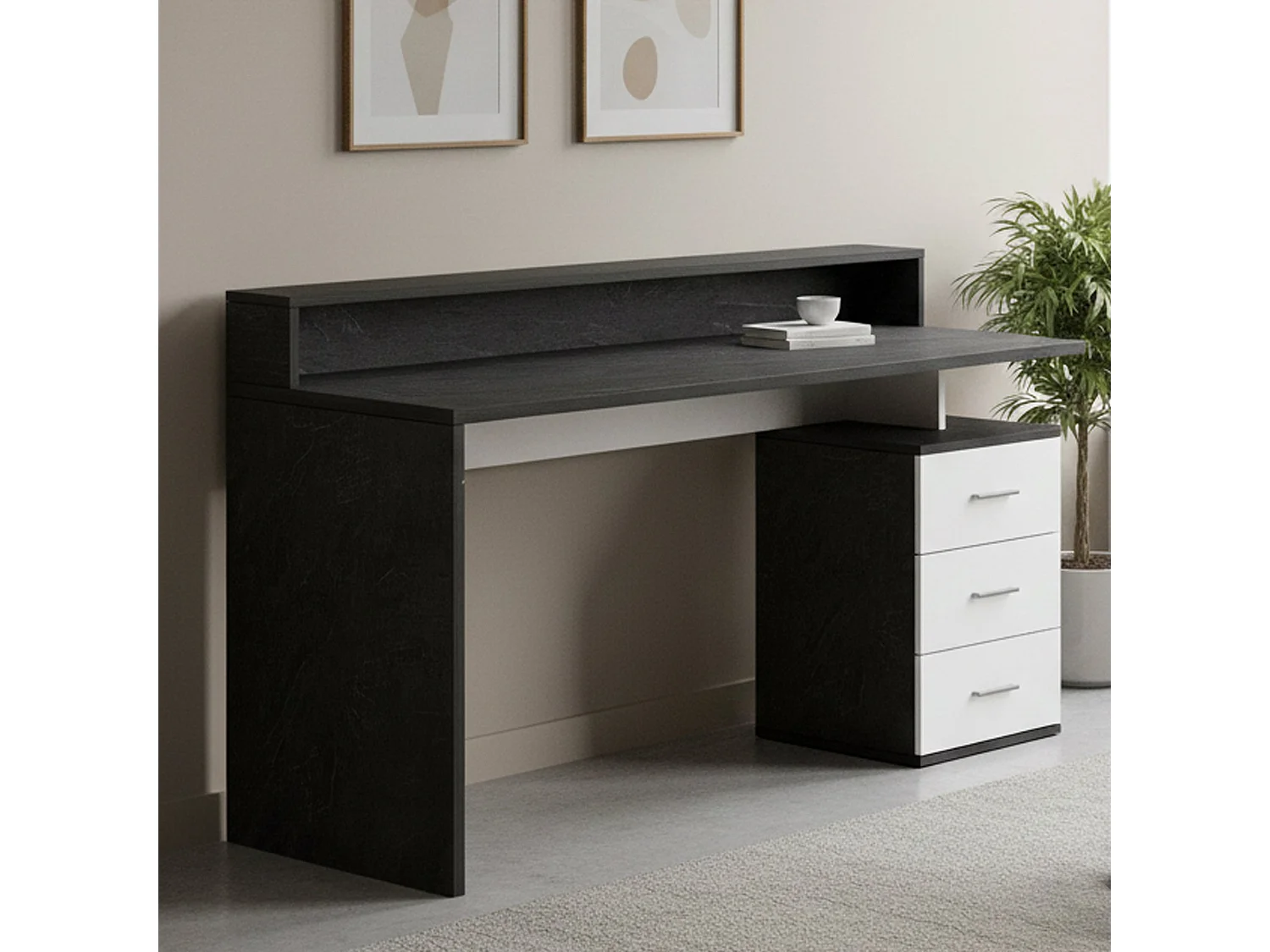 Bureau Svevo, Bureau avec plateau, Bureau polyvalent, Bureau gain de place multi-positions, 160x60h90 cm, Blanc et Ardoise