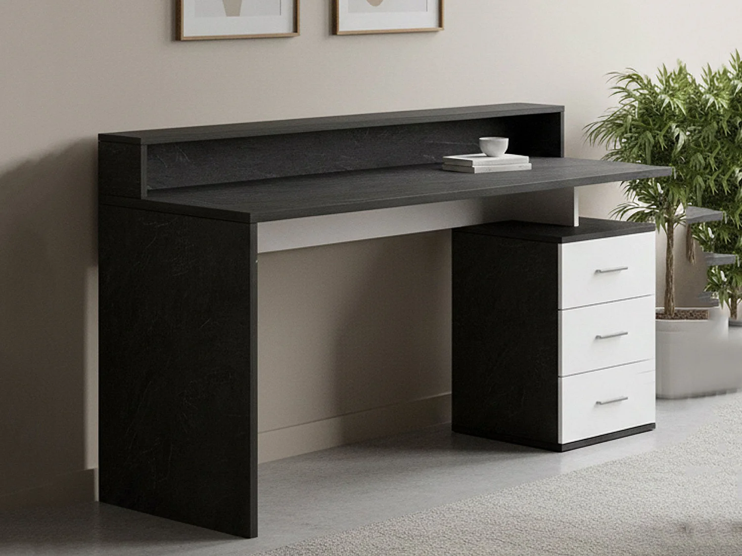Bureau Svevo, Bureau avec plateau, Bureau polyvalent, Bureau gain de place multi-positions, 160x60h90 cm, Blanc et Ardoise