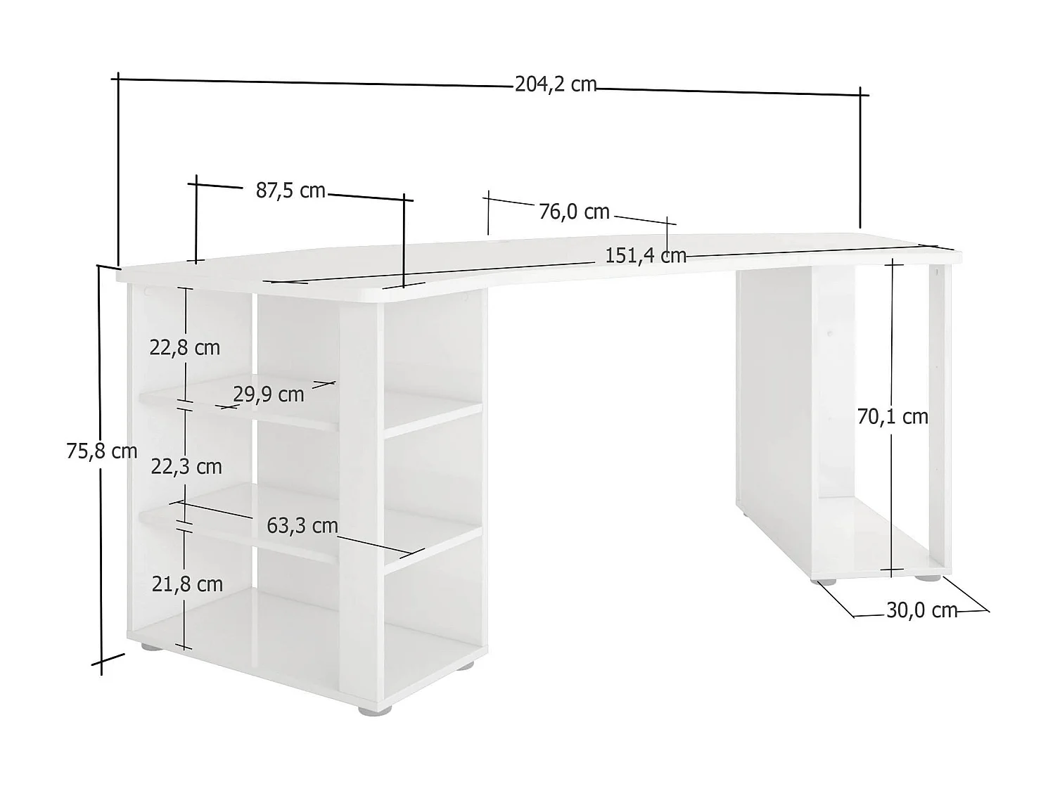 Bureau Bangui, Pupitre polyvalent, Table de bureau pour PC, Plan de travail, Made in Italy, 205x91h76 cm, Blanc brillant