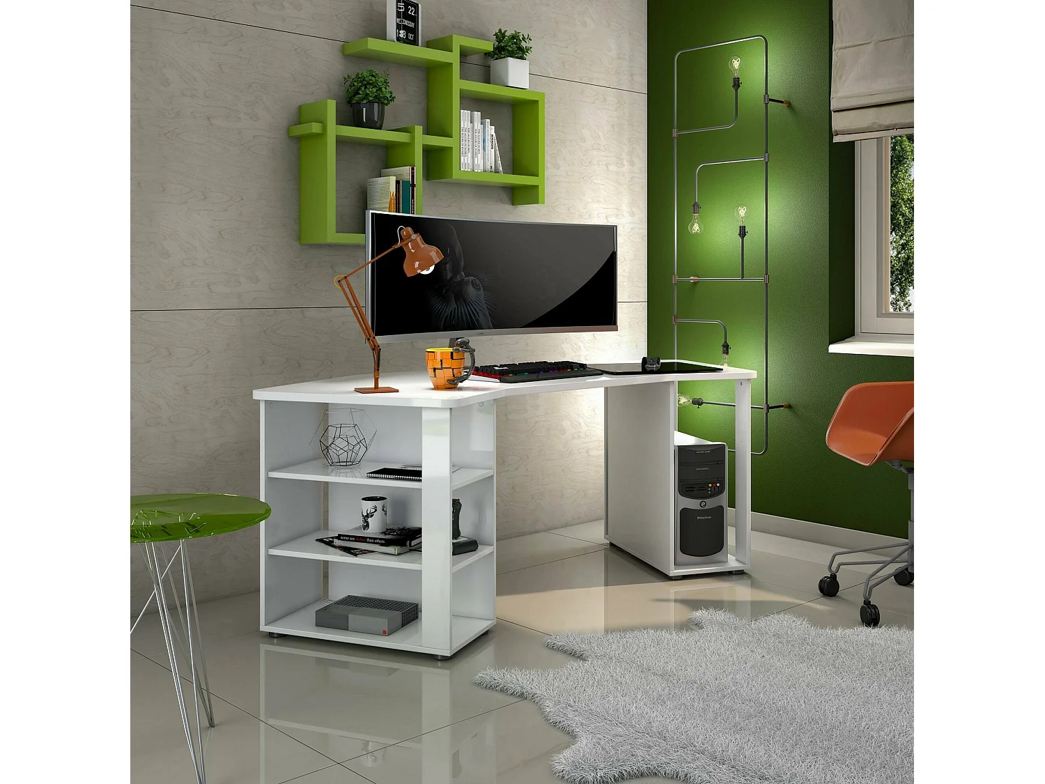 Bureau Bangui, Pupitre polyvalent, Table de bureau pour PC, Plan de travail, Made in Italy, 205x91h76 cm, Blanc brillant