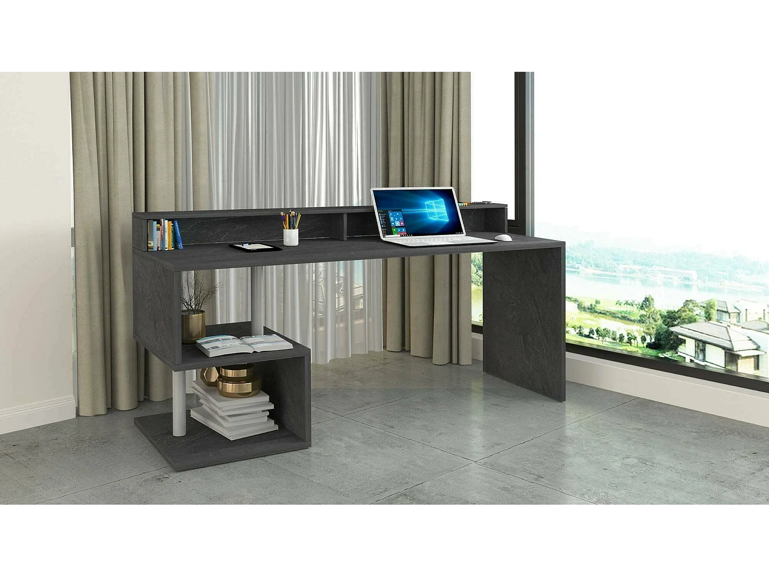 Bureau Serafino, Bureau linéaire avec étagères de rangement, Bureau polyvalent avec plateau, 180x60h93 cm, Ardoise
