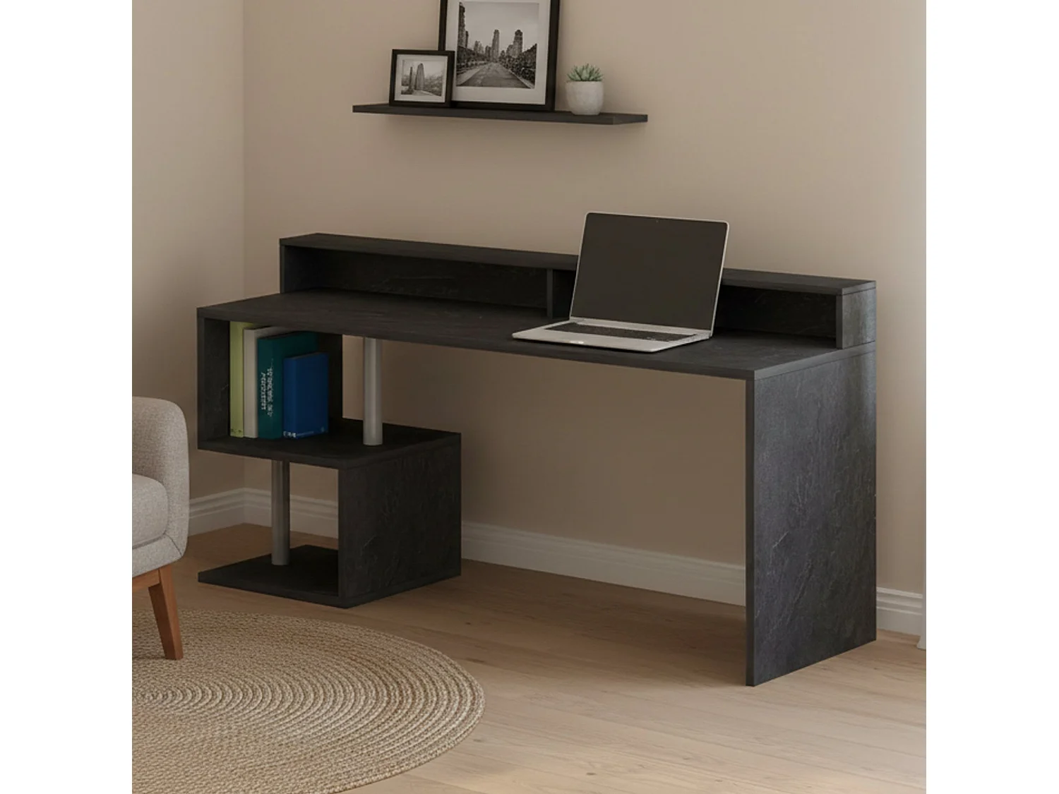 Dcheddir Bureau, Lineair Bureau met Opbergplanken, Multifunctioneel Bureau met Sopralzo, 180x92,5h60 cm, Leisteen