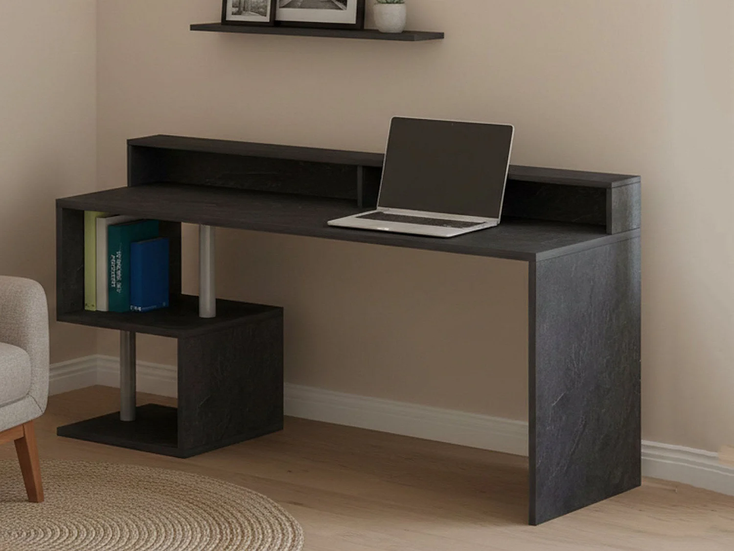 Schreibtisch Dcheddir, linearer Schreibtisch mit Ablagefächern, Mehrzweck-Büroschreibtisch mit Platte, 180x60h93 cm, Schiefer