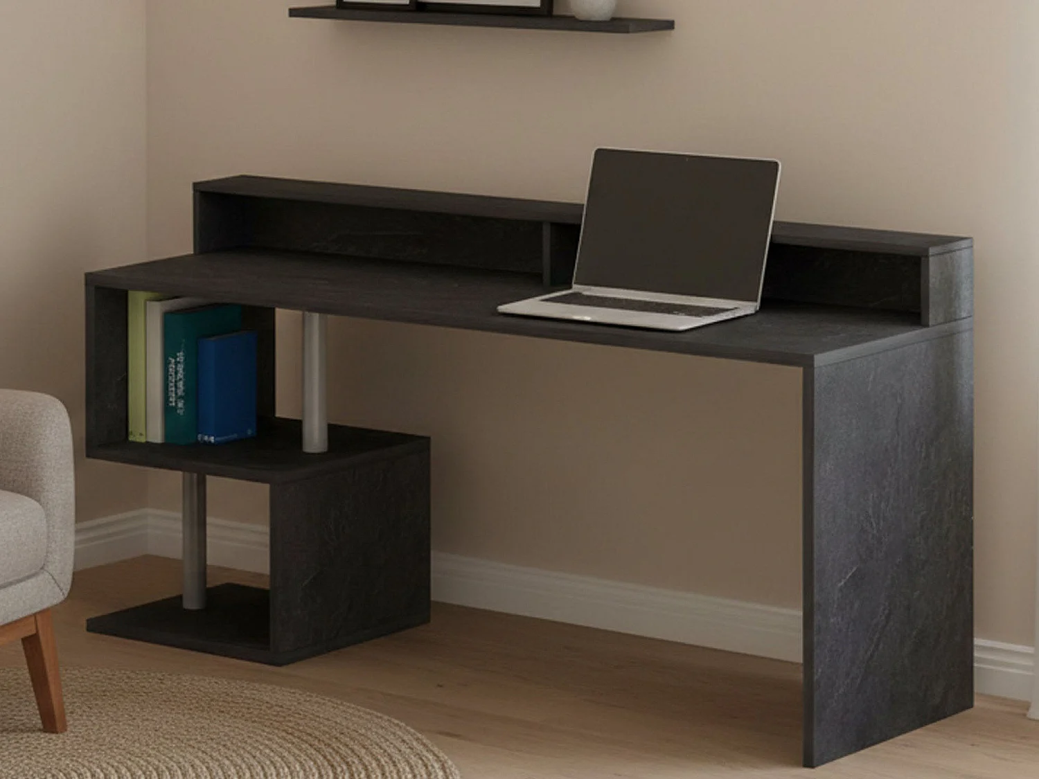 Schreibtisch Dcheddir, linearer Schreibtisch mit Ablagefächern, Mehrzweck-Büroschreibtisch mit Platte, 180x60h93 cm, Schiefer