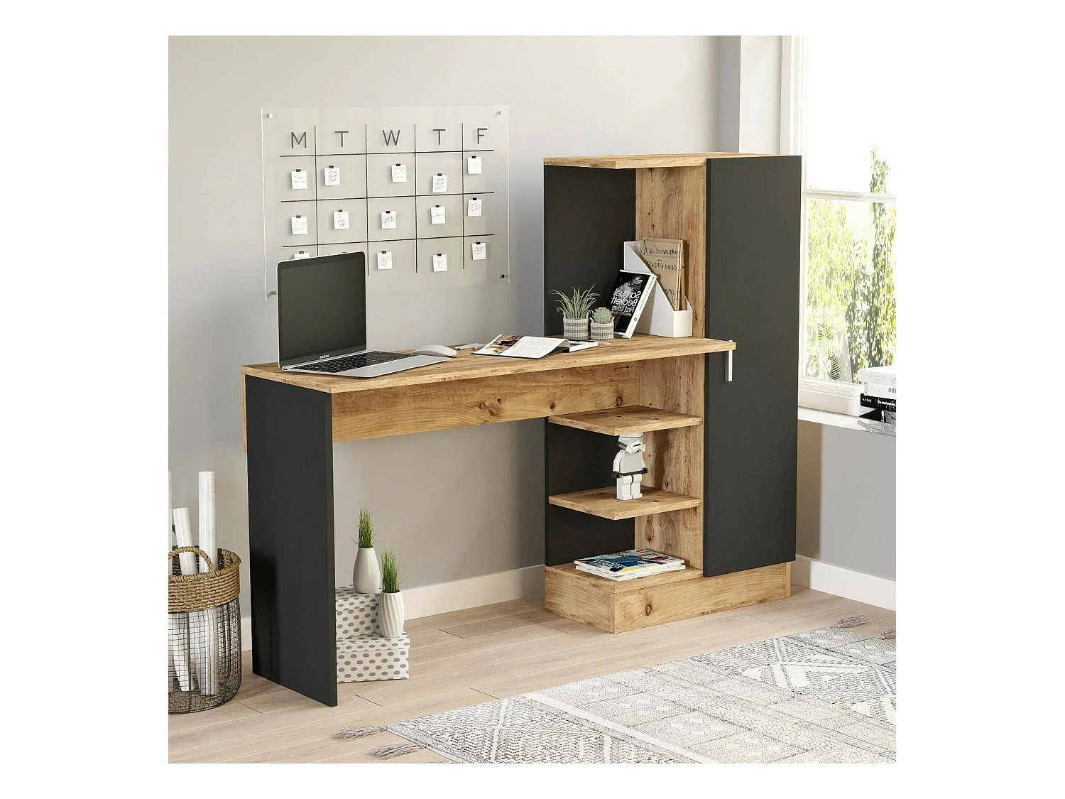 Bureau Ancha, Pupitre polyvalent, Table de bureau pour PC, Plan de travail, 152x40h120 cm, Chêne et Noir