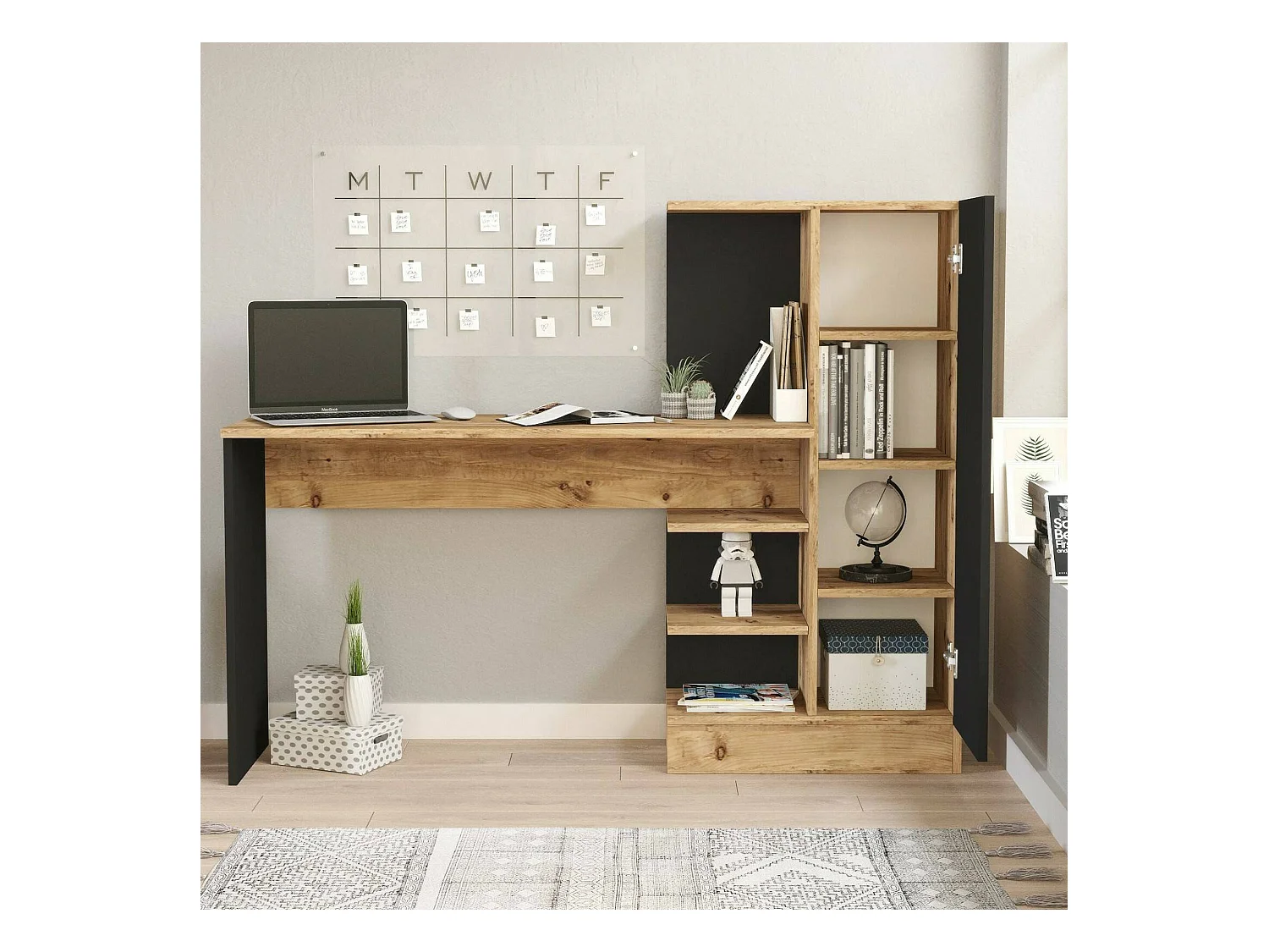 Bureau Ancha, Pupitre polyvalent, Table de bureau pour PC, Plan de travail, 152x40h120 cm, Chêne et Noir
