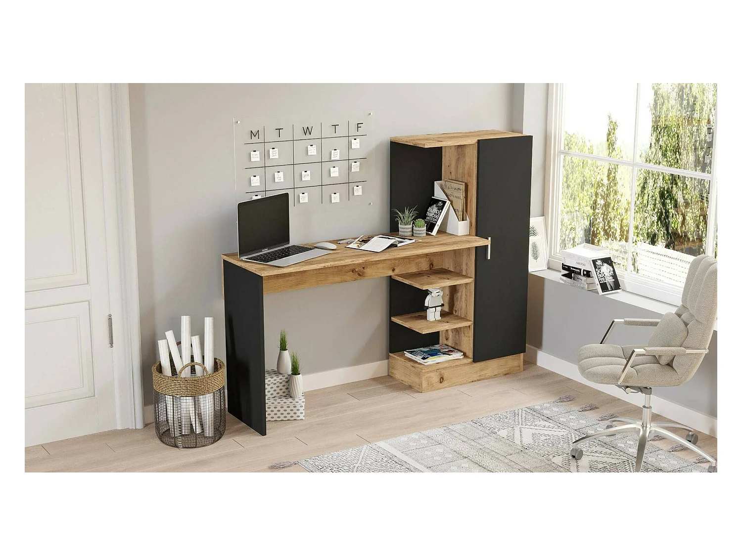 Bureau Ancha, Pupitre polyvalent, Table de bureau pour PC, Plan de travail, 152x40h120 cm, Chêne et Noir
