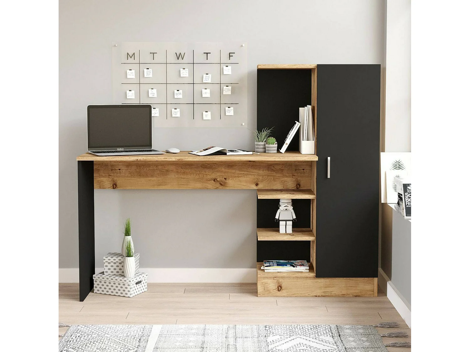 Dfasolat Bureau, Multifunctioneel Bureau, P Deur KantoortafelC, Werkblad, 152x40h120 cm, Eiken en Zwart