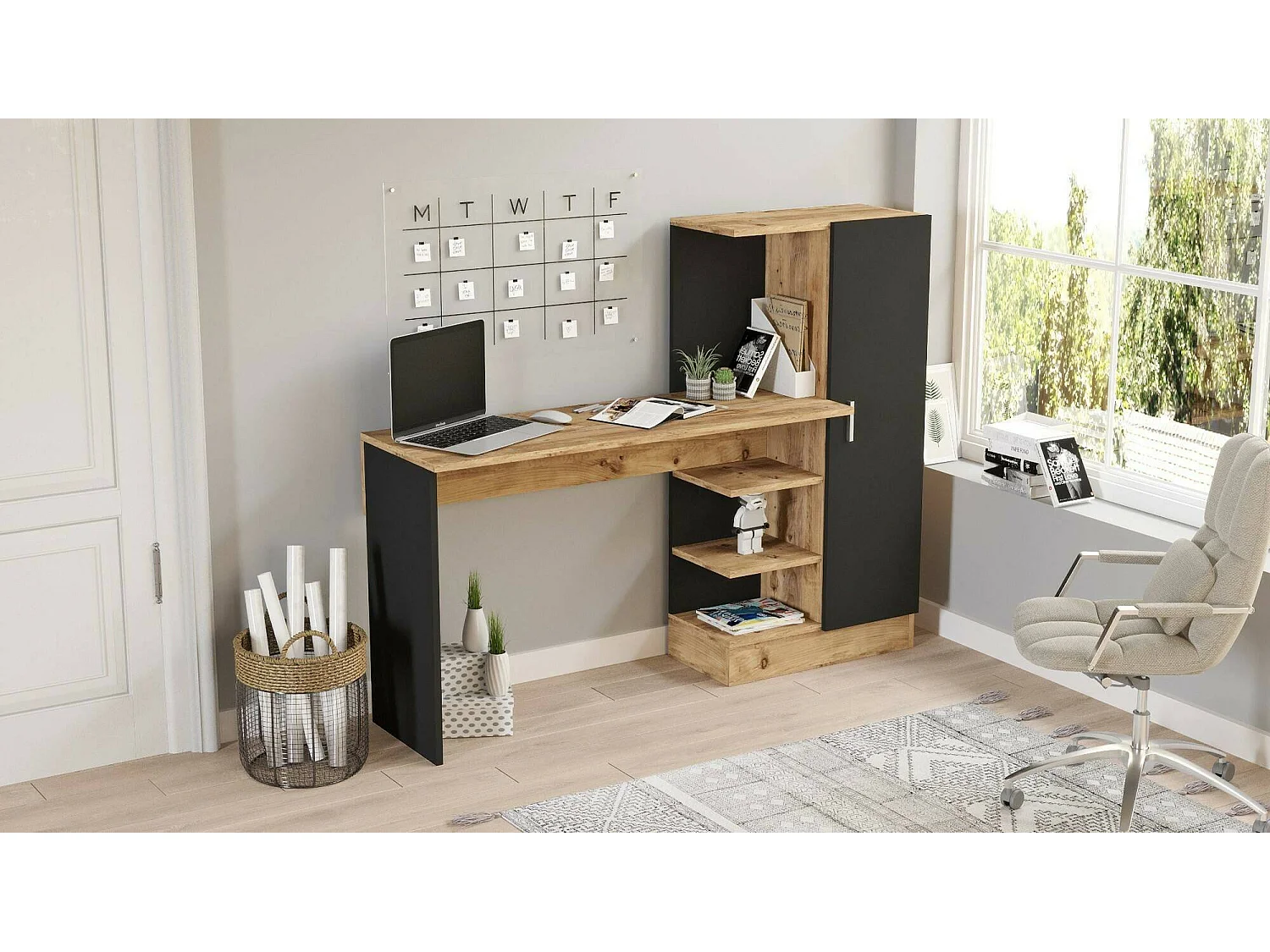 Dfasolat Bureau, Multifunctioneel Bureau, P Deur KantoortafelC, Werkblad, 152x40h120 cm, Eiken en Zwart