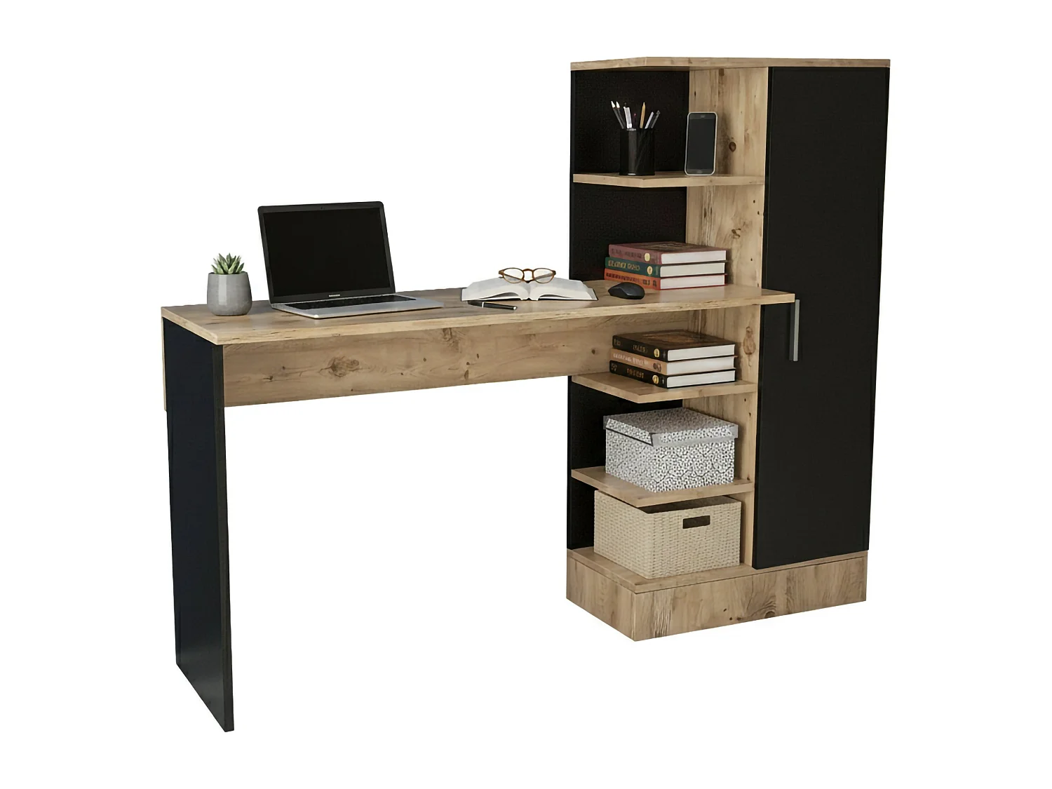 Bureau Ancha, Pupitre polyvalent, Table de bureau pour PC, Plan de travail, 152x40h120 cm, Chêne et Noir