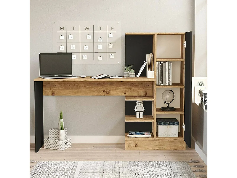 Dfasolat Bureau, Multifunctioneel Bureau, P Deur KantoortafelC, Werkblad, 152x40h120 cm, Eiken en Zwart