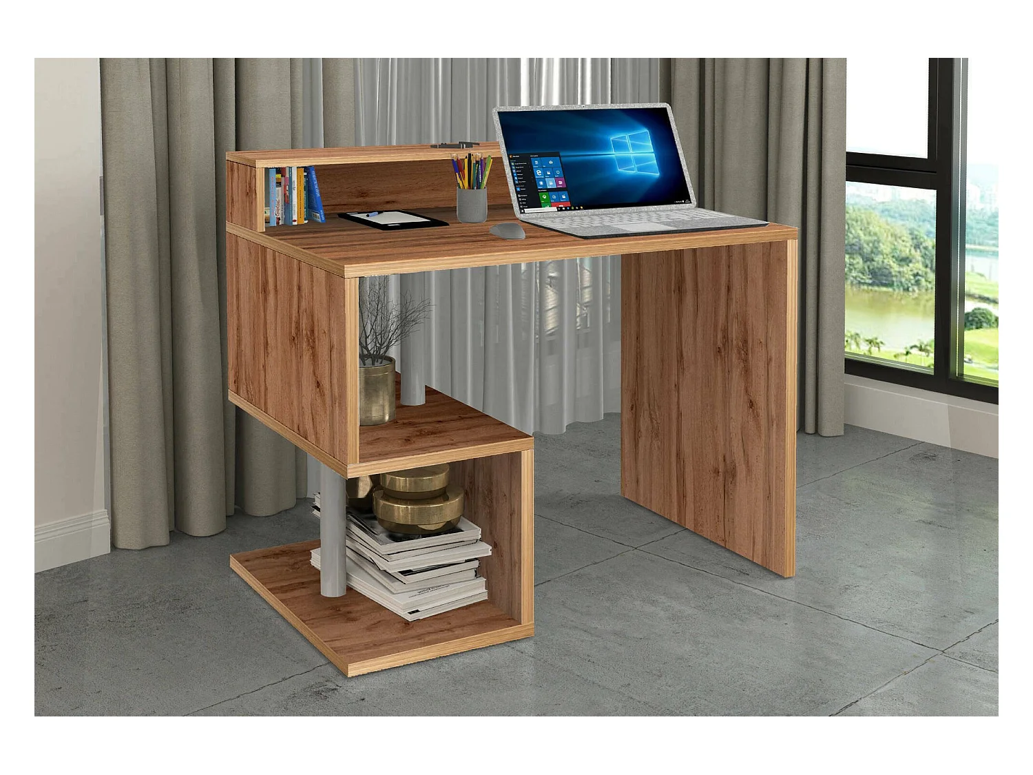 Bureau Silvio, Bureau linéaire avec étagères de rangement, Bureau polyvalent avec plateau, 100x50h93 cm, Chêne