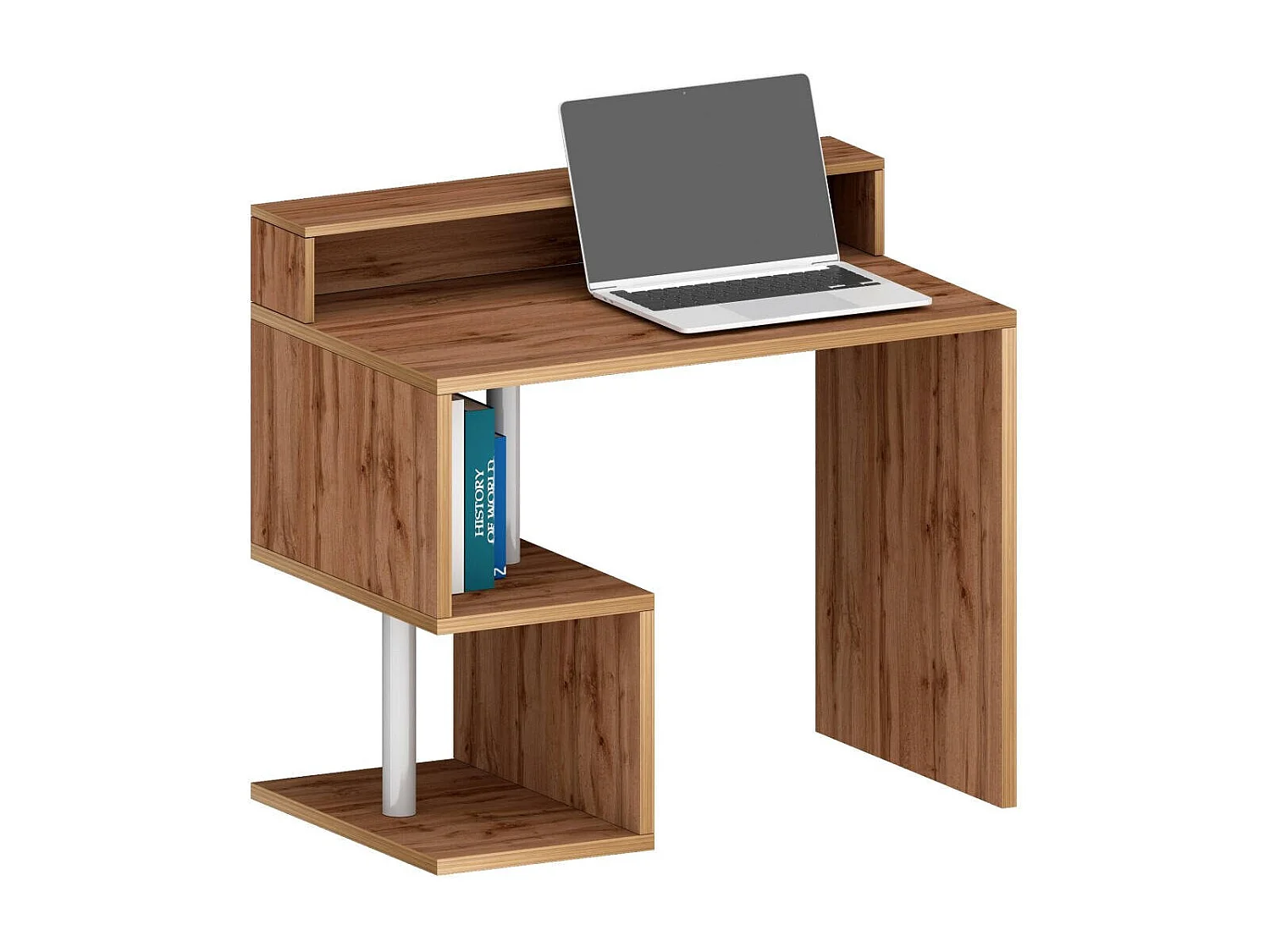 Bureau Silvio, Bureau linéaire avec étagères de rangement, Bureau polyvalent avec plateau, 100x50h93 cm, Chêne