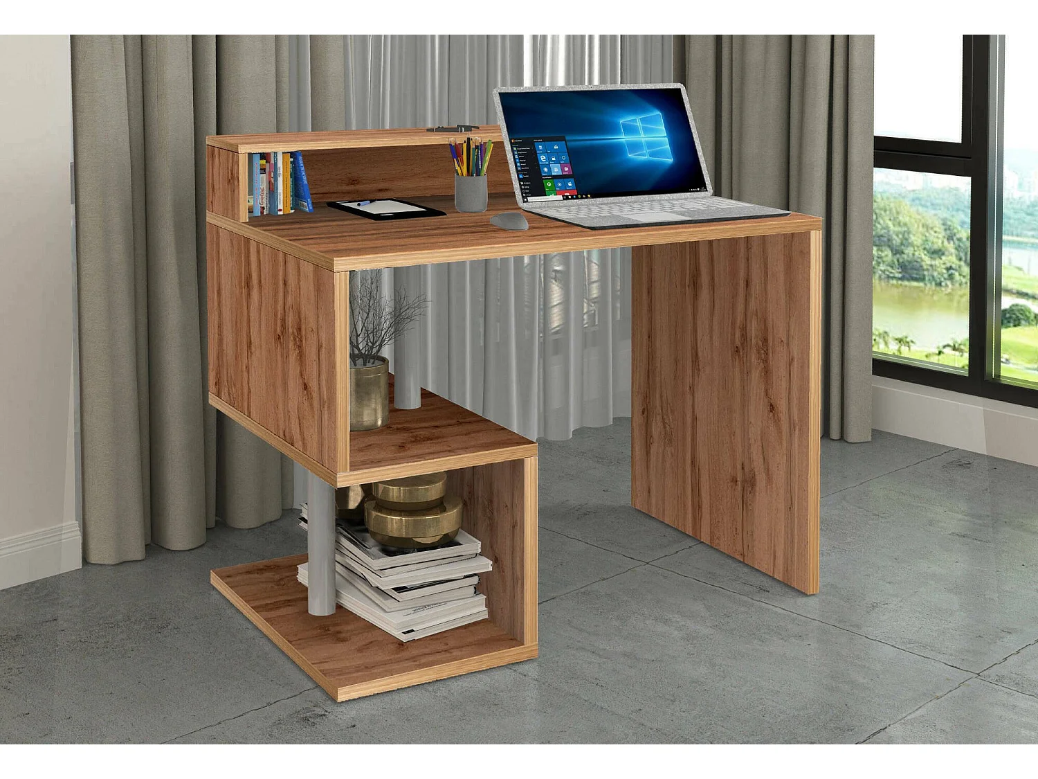 Dchichizol Bureau, Lineair Bureau met Opbergplanken, Multifunctioneel Bureau met Overc, 100x50h93 cm, Eiken