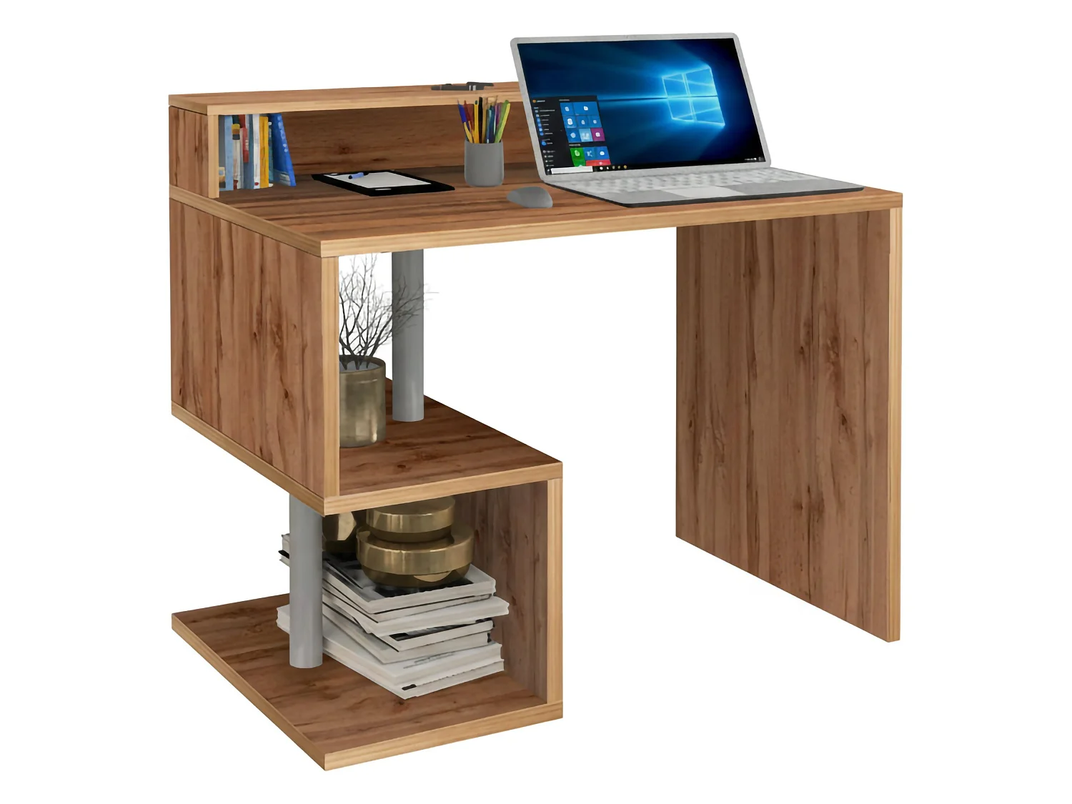Bureau Silvio, Bureau linéaire avec étagères de rangement, Bureau polyvalent avec plateau, 100x50h93 cm, Chêne