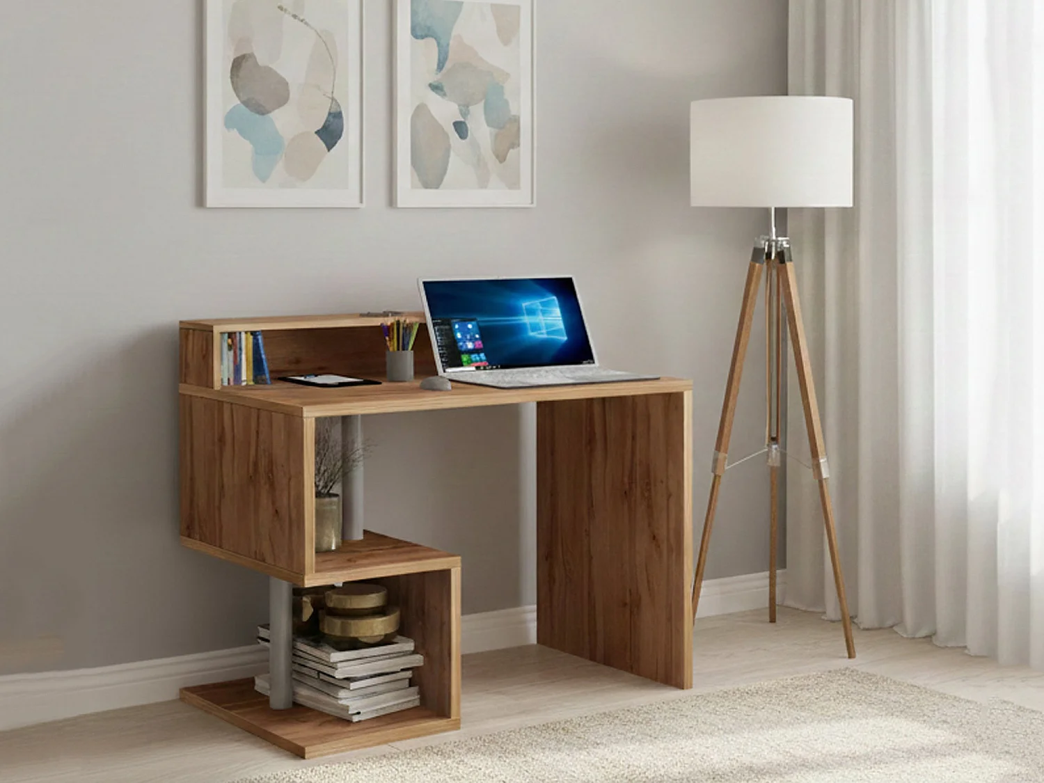 Bureau Silvio, Bureau linéaire avec étagères de rangement, Bureau polyvalent avec plateau, 100x50h93 cm, Chêne