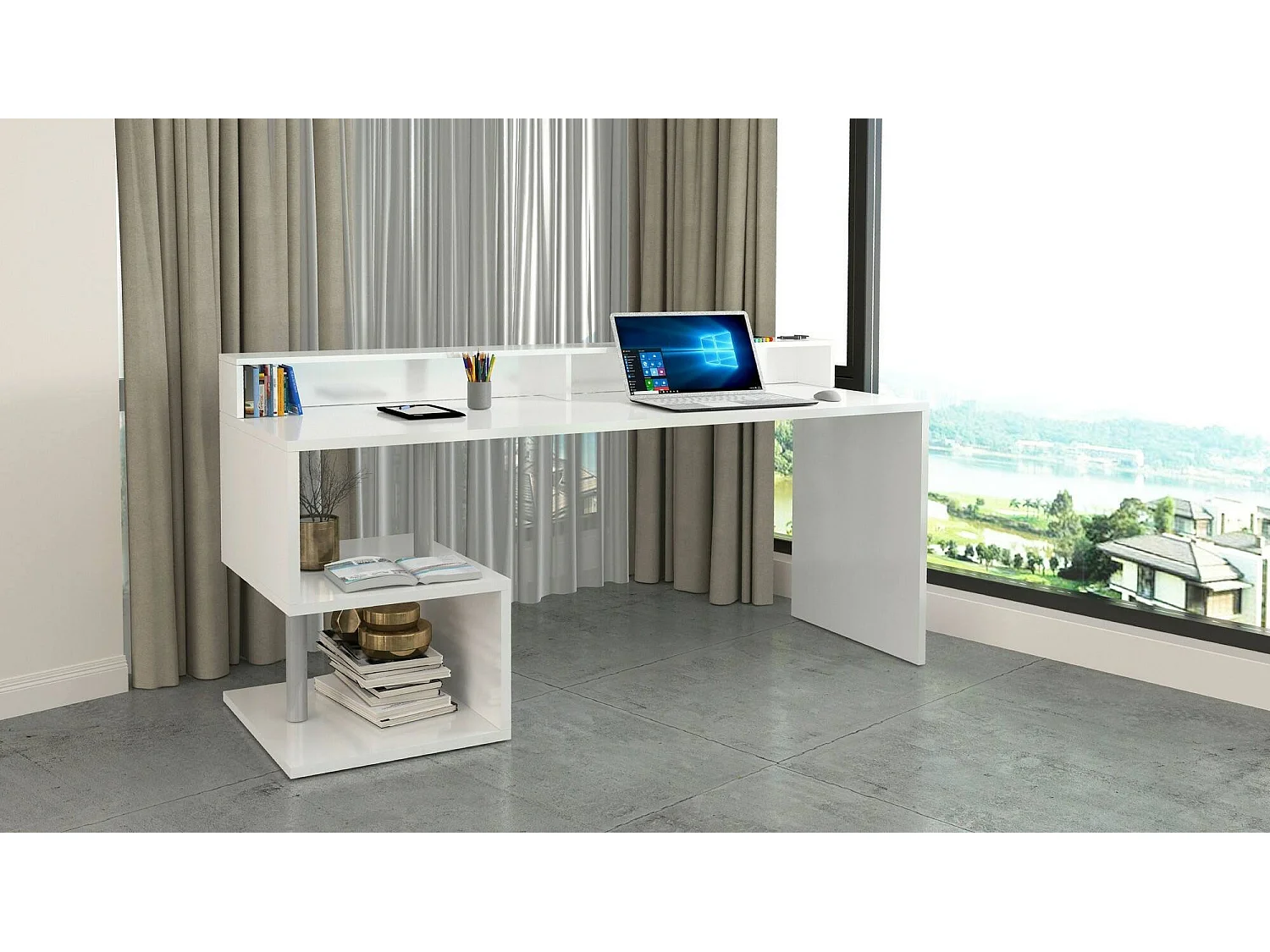 Bureau Alban, Bureau linéaire avec étagères de rangement avec lampes LED, Bureau polyvalent avec plateau, 180x60h93 cm, Blanc