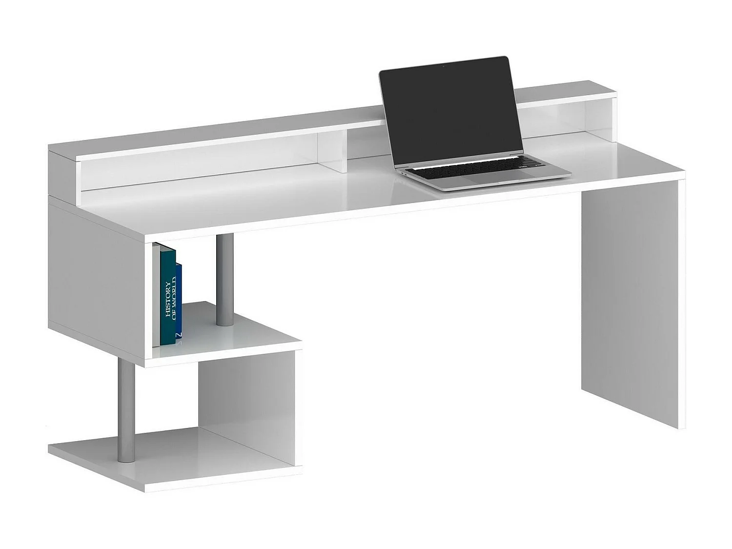 Bureau Alban, Bureau linéaire avec étagères de rangement avec lampes LED, Bureau polyvalent avec plateau, 180x60h93 cm, Blanc