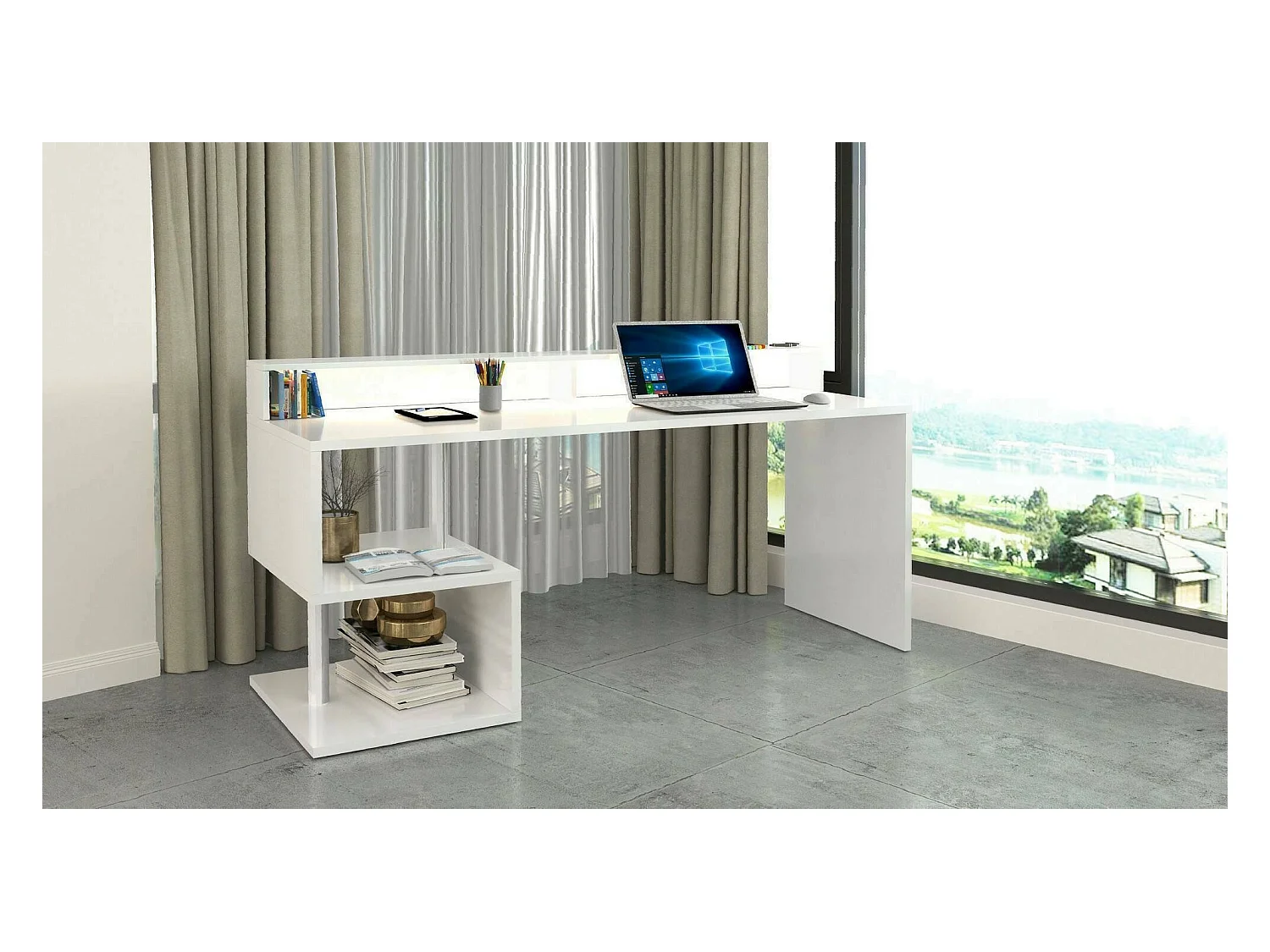 Bureau Alban, Bureau linéaire avec étagères de rangement avec lampes LED, Bureau polyvalent avec plateau, 180x60h93 cm, Blanc