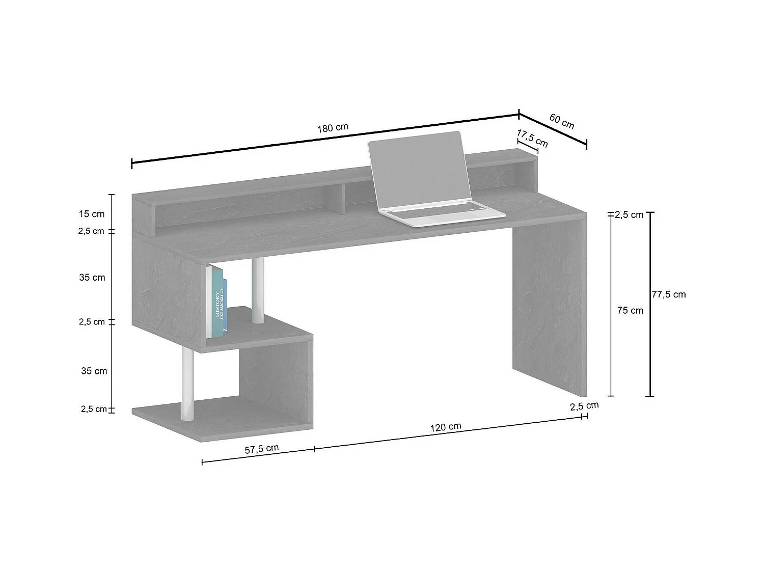 Bureau Alban, Bureau linéaire avec étagères de rangement avec lampes LED, Bureau polyvalent avec plateau, 180x60h93 cm, Blanc