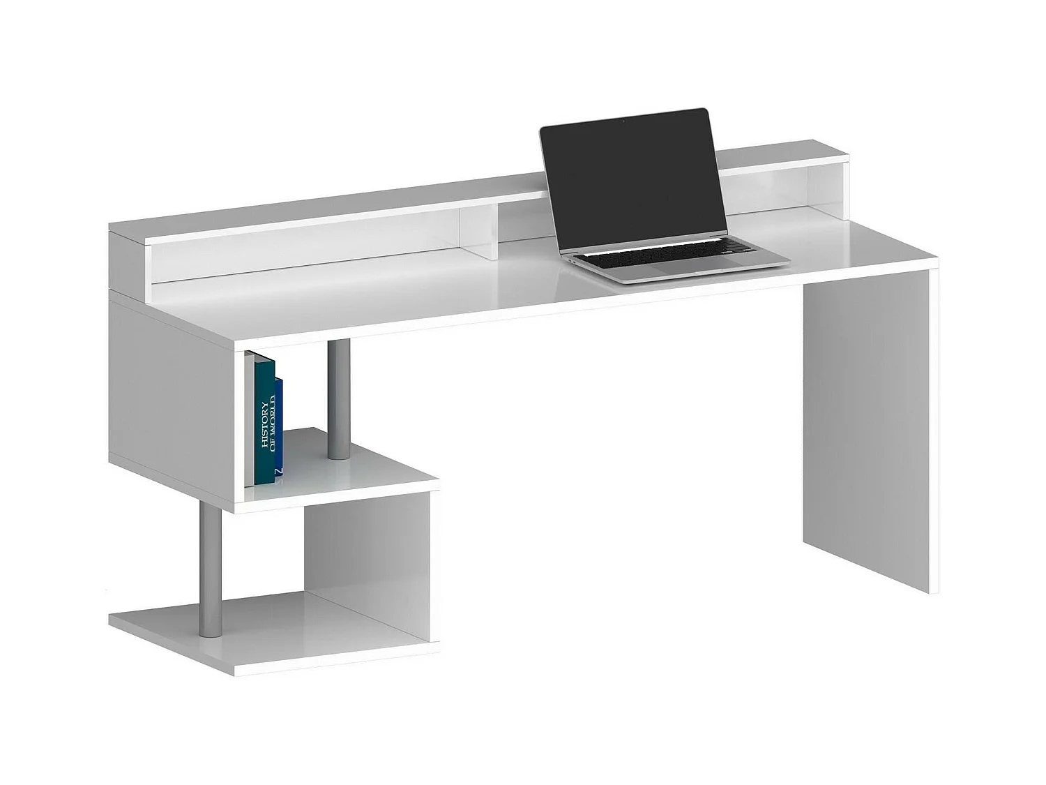 Bureau Alban, Bureau linéaire avec étagères de rangement avec lampes LED, Bureau polyvalent avec plateau, 180x60h93 cm, Blanc