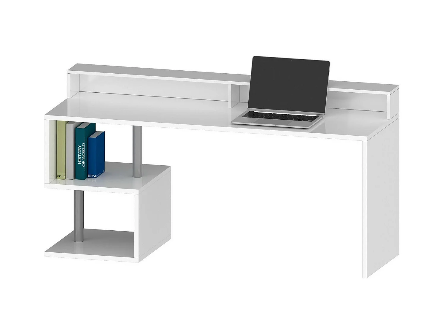 Bureau Alban, Bureau linéaire avec étagères de rangement avec lampes LED, Bureau polyvalent avec plateau, 180x60h93 cm, Blanc