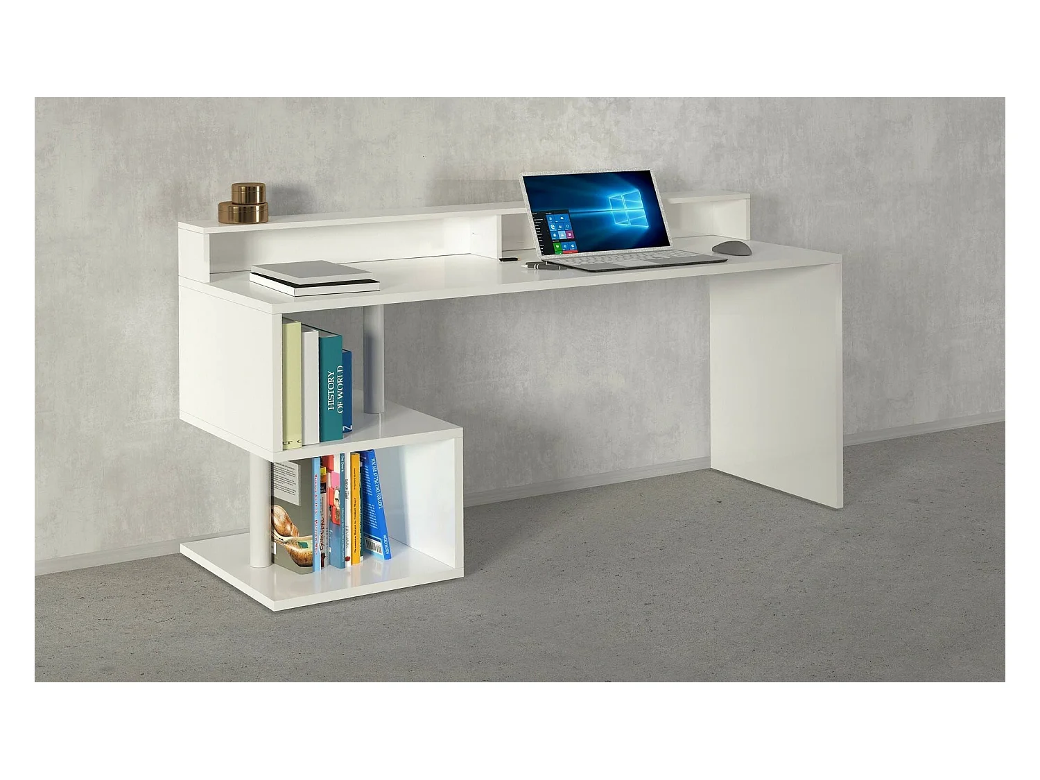 Bureau Alban, Bureau linéaire avec étagères de rangement avec lampes LED, Bureau polyvalent avec plateau, 180x60h93 cm, Blanc