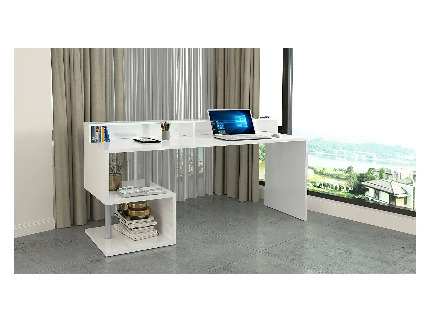 Bureau Alban, Bureau linéaire avec étagères de rangement avec lampes LED, Bureau polyvalent avec plateau, 180x60h93 cm, Blanc