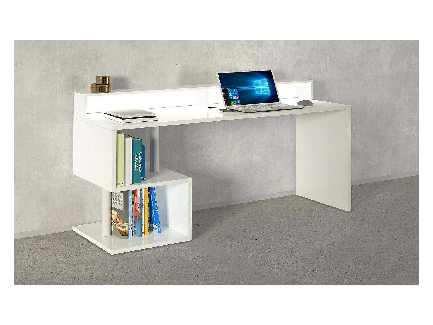 Bureau Alban, Bureau linéaire avec étagères de rangement avec lampes LED, Bureau polyvalent avec plateau, 180x60h93 cm, Blanc