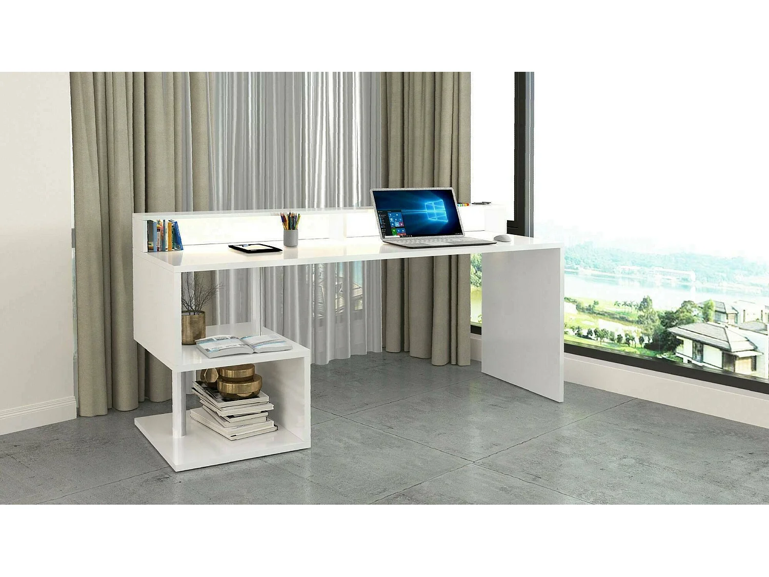 Bureau Alban, Bureau linéaire avec étagères de rangement avec lampes LED, Bureau polyvalent avec plateau, 180x60h93 cm, Blanc