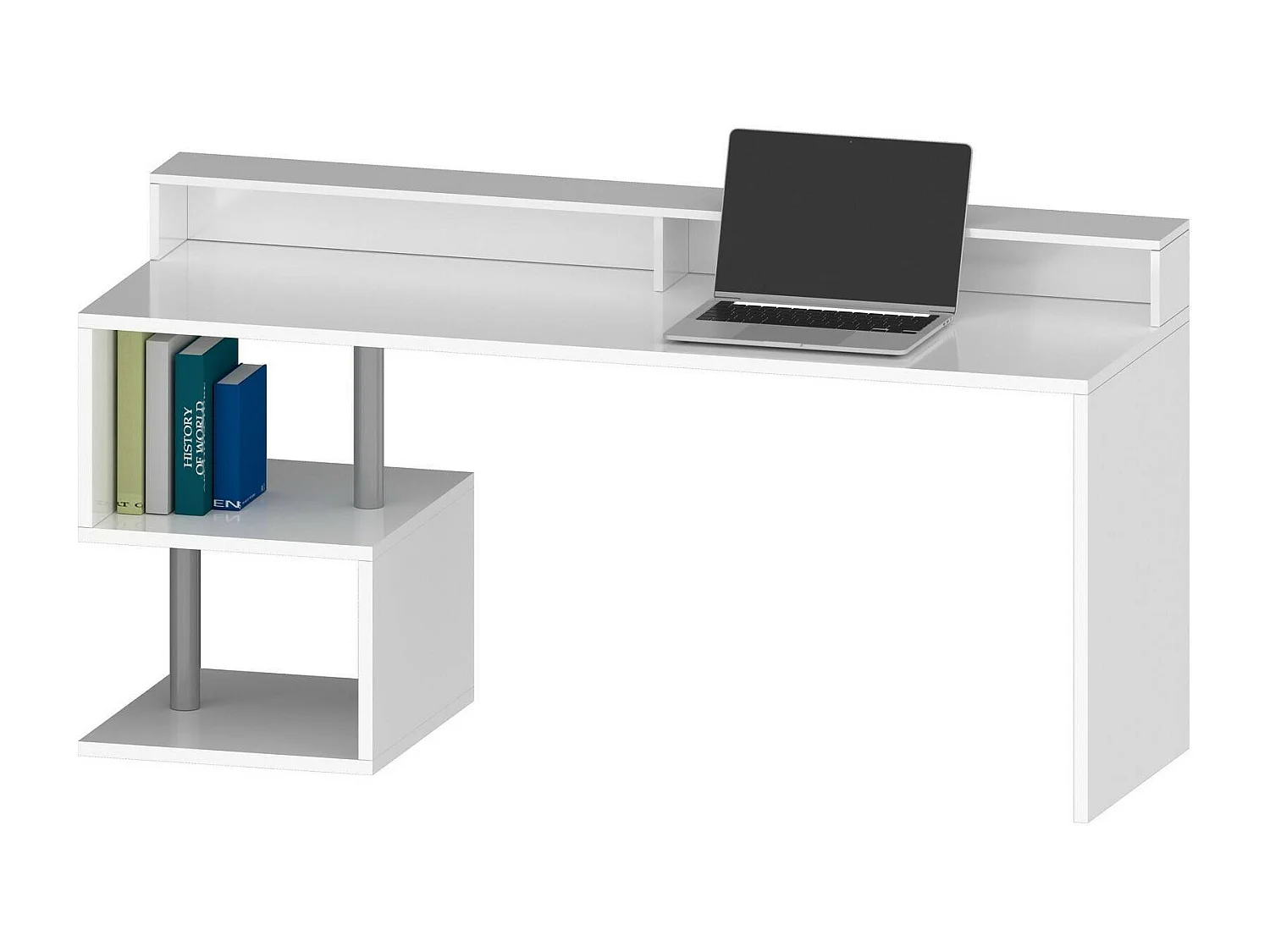 Bureau Alban, Bureau linéaire avec étagères de rangement avec lampes LED, Bureau polyvalent avec plateau, 180x60h93 cm, Blanc
