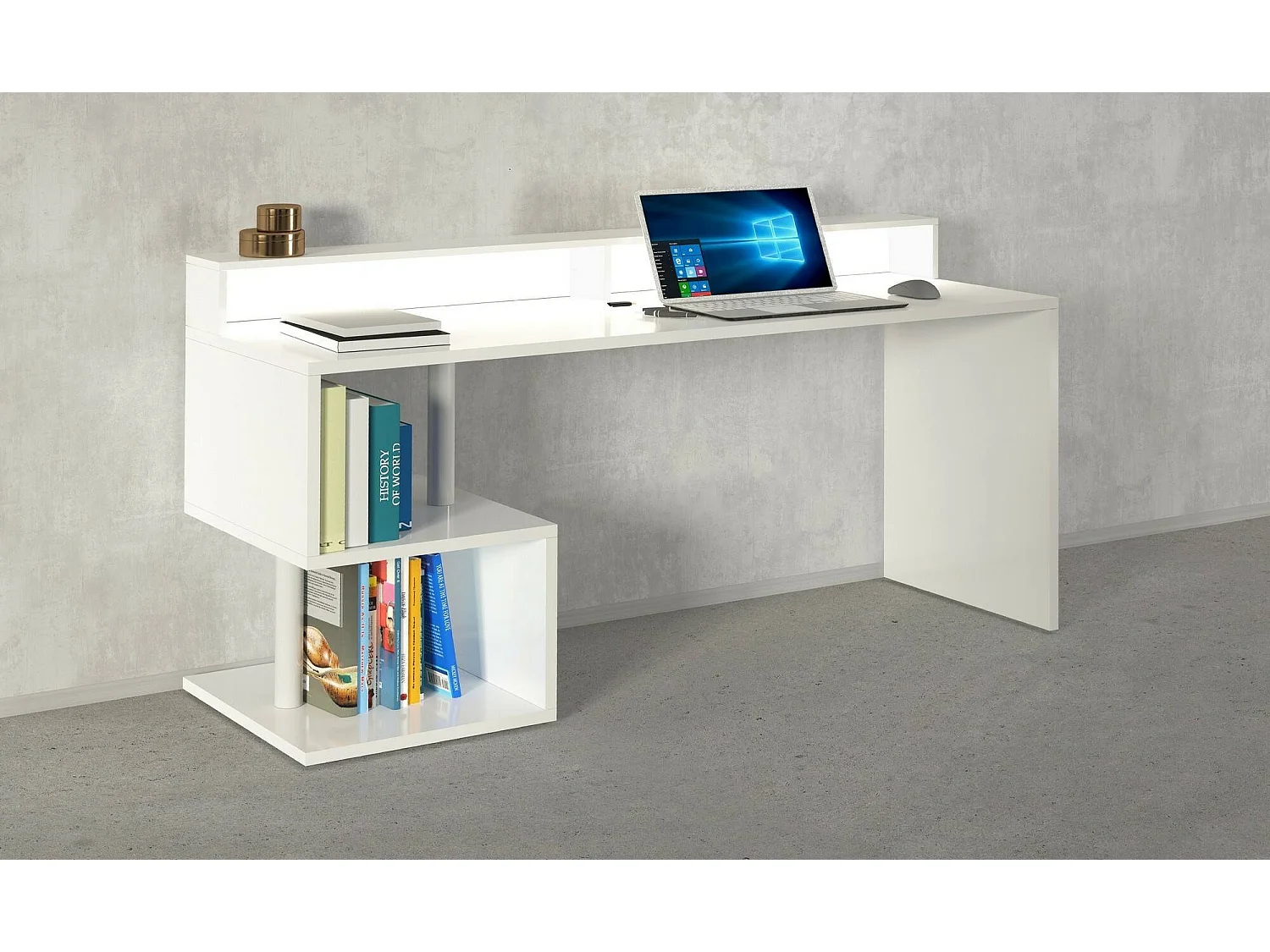 Escritorio Dcalebokol, Escritorio lineal con estantes y luces LED de almacenamiento, Escritorio de oficina multiusos con tablero, 180x60h93 cm, Blanco