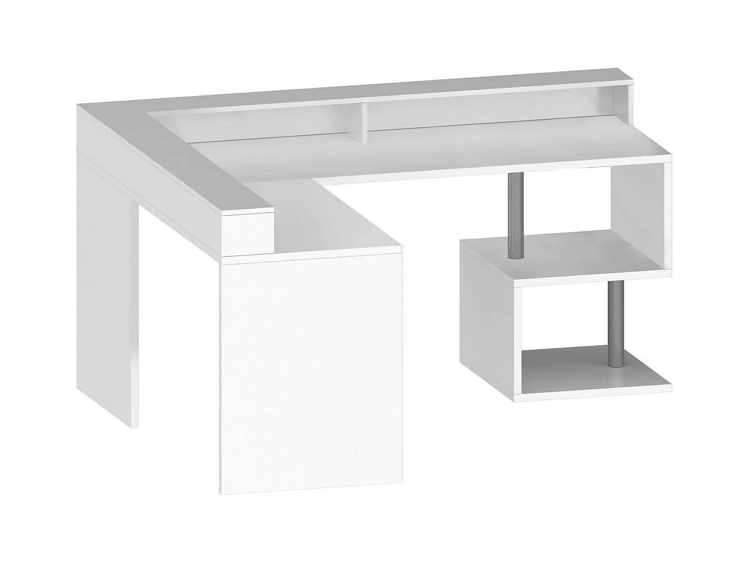 Bureau Albert, Bureau d'angle avec étagères de rangement avec lampes LED, Bureau polyvalent avec plateau, 180x60h93 cm, Blanc