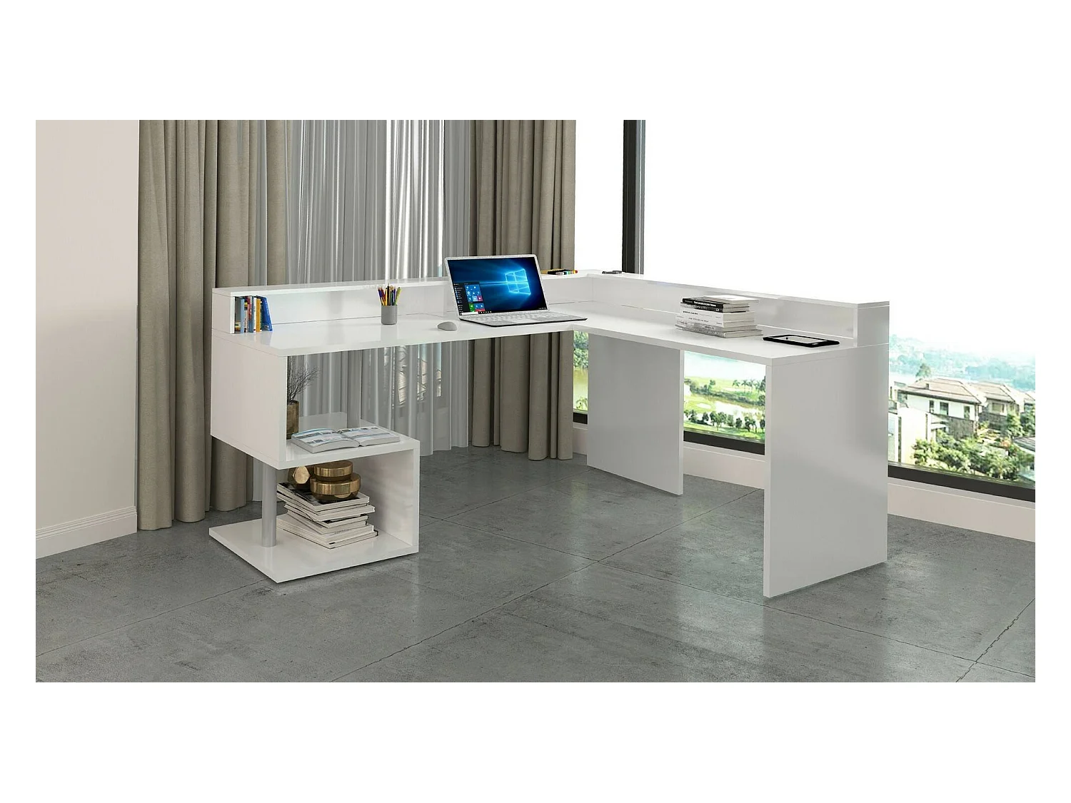 Bureau Albert, Bureau d'angle avec étagères de rangement avec lampes LED, Bureau polyvalent avec plateau, 180x60h93 cm, Blanc