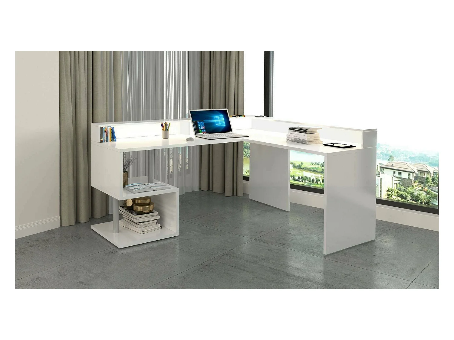 Bureau Albert, Bureau d'angle avec étagères de rangement avec lampes LED, Bureau polyvalent avec plateau, 180x60h93 cm, Blanc