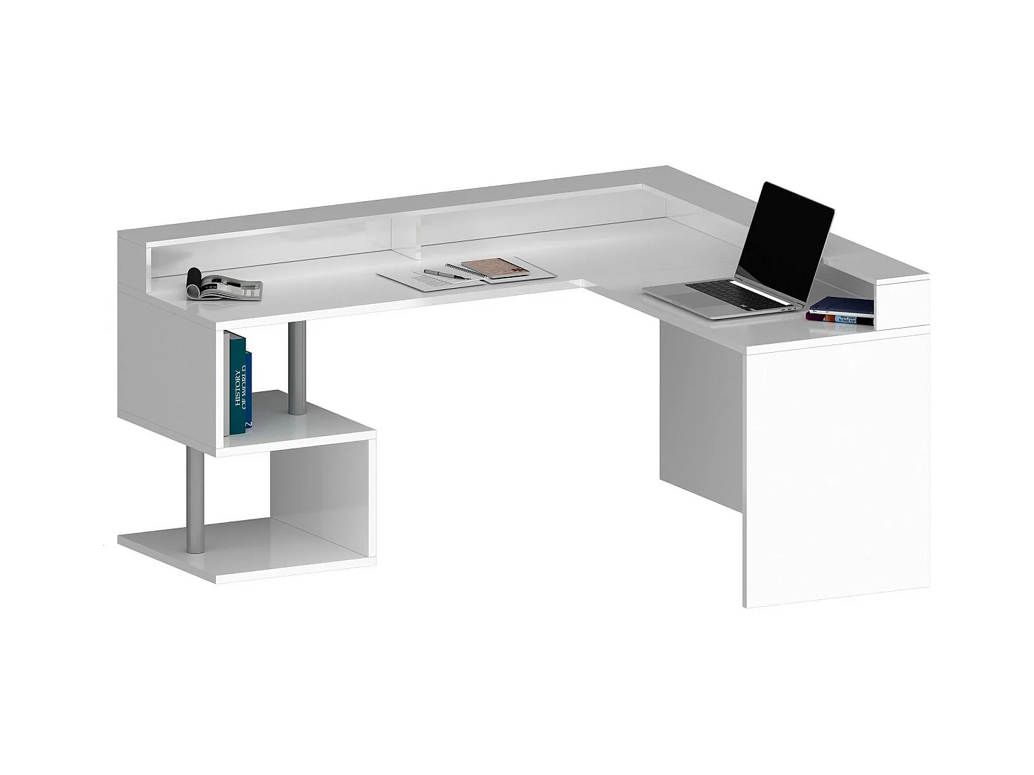 Bureau Albert, Bureau d'angle avec étagères de rangement avec lampes LED, Bureau polyvalent avec plateau, 180x60h93 cm, Blanc