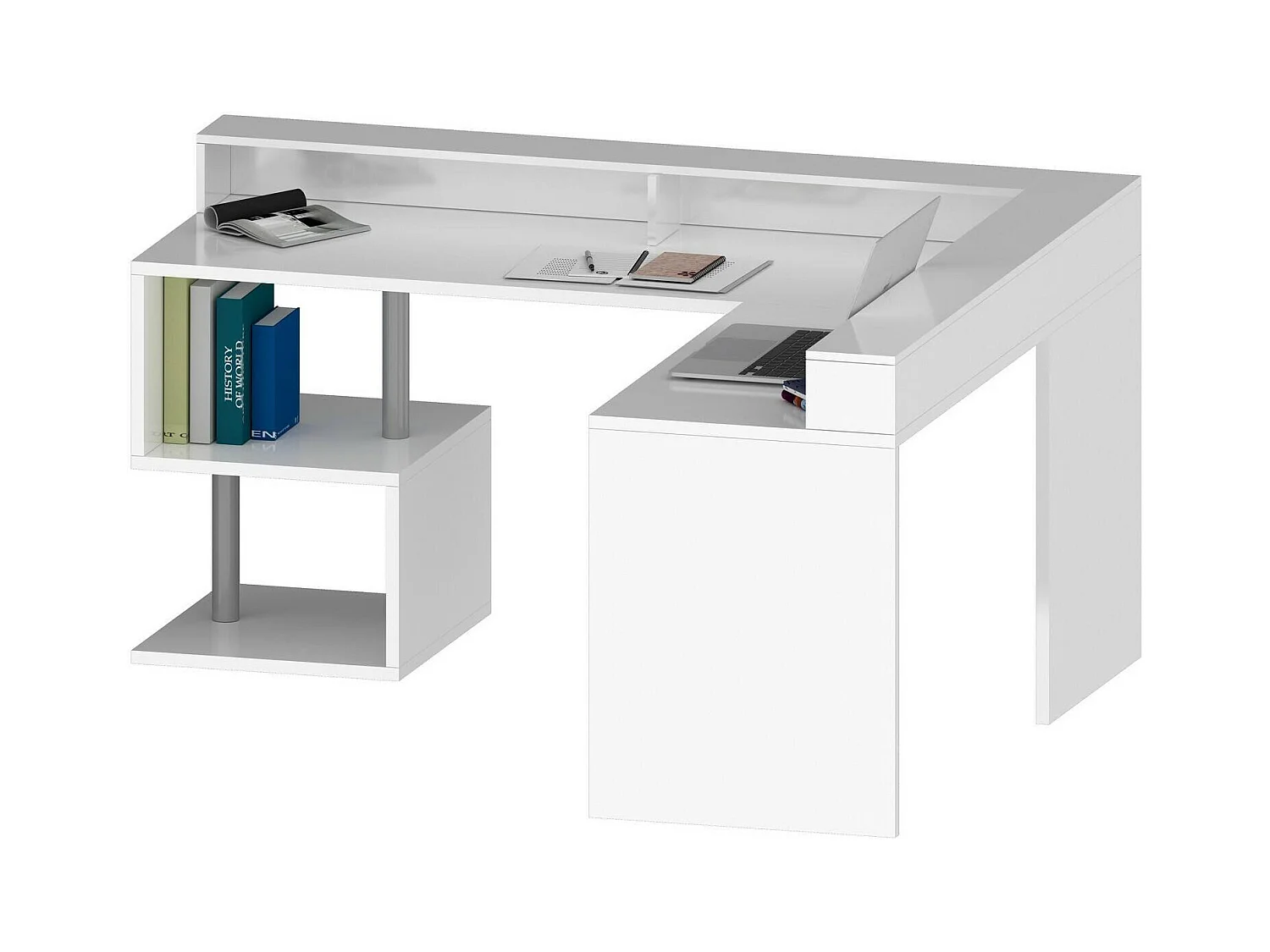 Bureau Albert, Bureau d'angle avec étagères de rangement avec lampes LED, Bureau polyvalent avec plateau, 180x60h93 cm, Blanc