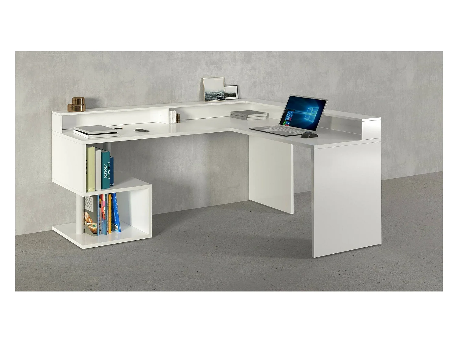 Bureau Albert, Bureau d'angle avec étagères de rangement avec lampes LED, Bureau polyvalent avec plateau, 180x60h93 cm, Blanc