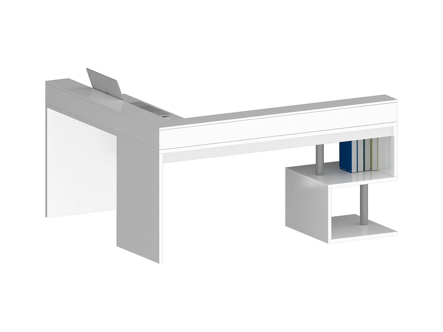 Bureau Albert, Bureau d'angle avec étagères de rangement avec lampes LED, Bureau polyvalent avec plateau, 180x60h93 cm, Blanc