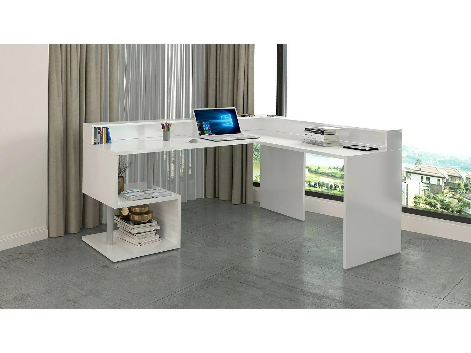 Mesa Dcalhanogl, Mesa de canto com prateleiras de armazenamento e luzes LED, Mesa de escritório multiuso com sol, 180x60h93 cm, Branco