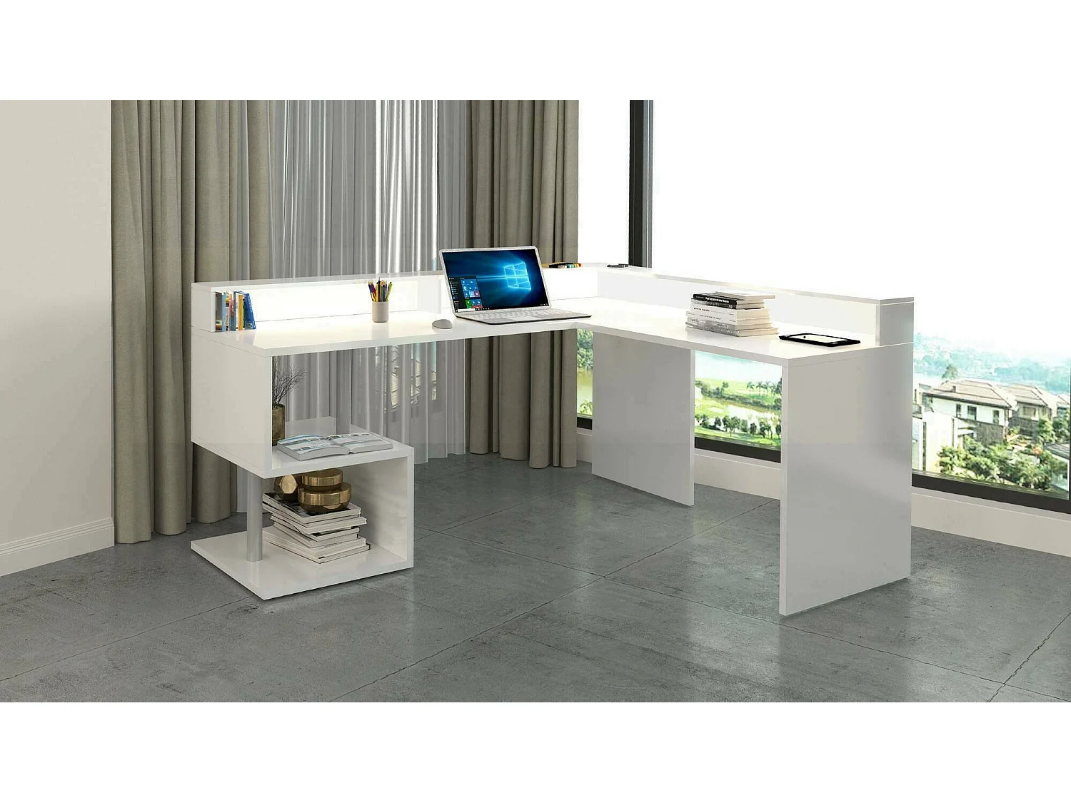Bureau Albert, Bureau d'angle avec étagères de rangement avec lampes LED, Bureau polyvalent avec plateau, 180x60h93 cm, Blanc