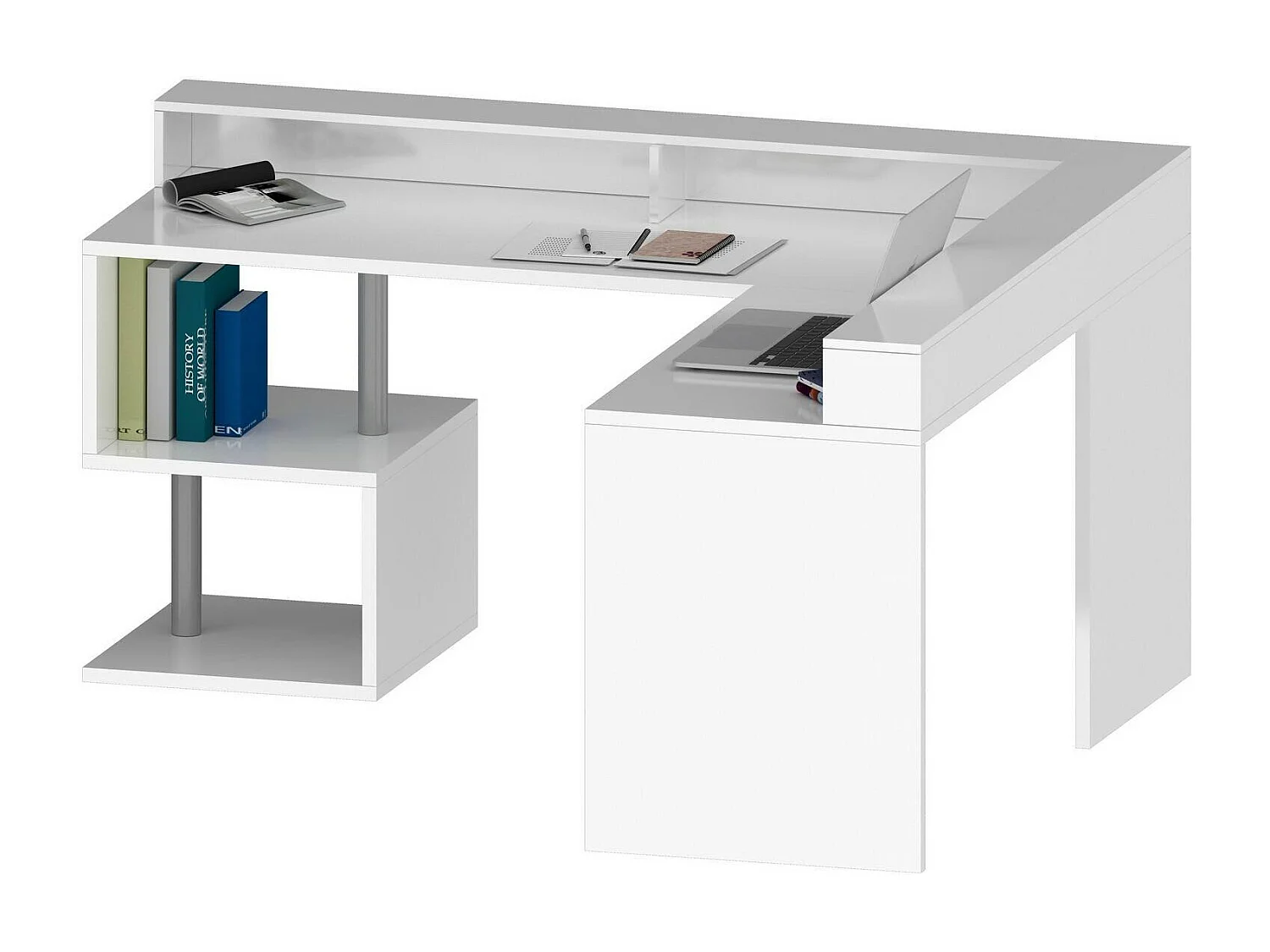 Bureau Albert, Bureau d'angle avec étagères de rangement avec lampes LED, Bureau polyvalent avec plateau, 180x60h93 cm, Blanc